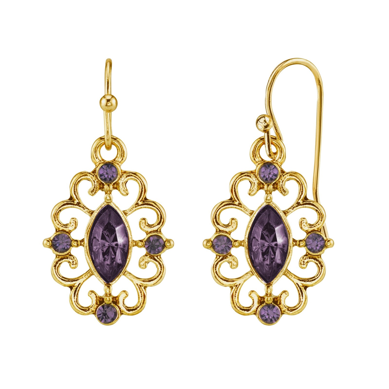 1928 Jewelry Amethyst Purple Crystal Drop Earrings Navette Filigree Design