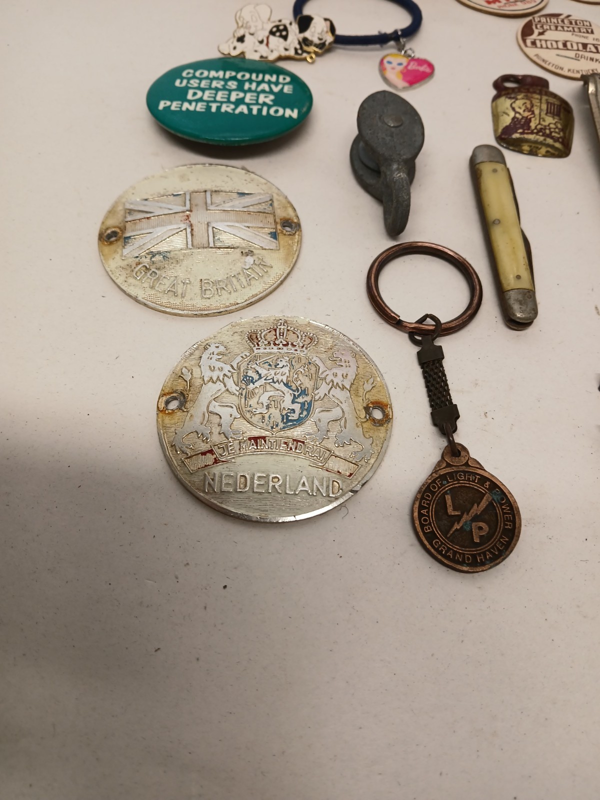 Vintage Estate Junk Drawer Lot Ray-Ban Starrett Swiss Army Knife Michigan Advert