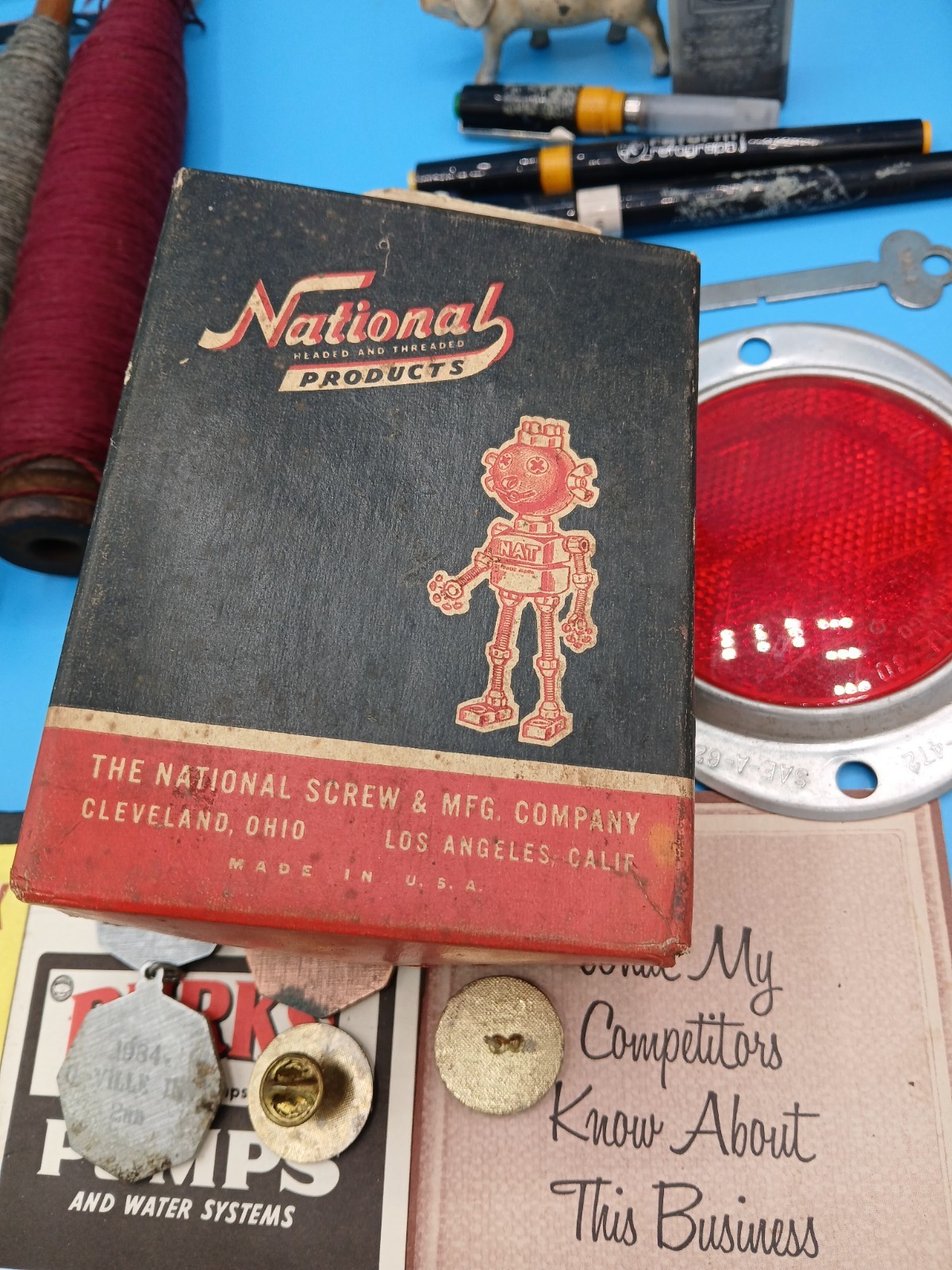 Vintage Estate Junk Drawer Lot Razor Advertising Sewing Sports Pins Misc