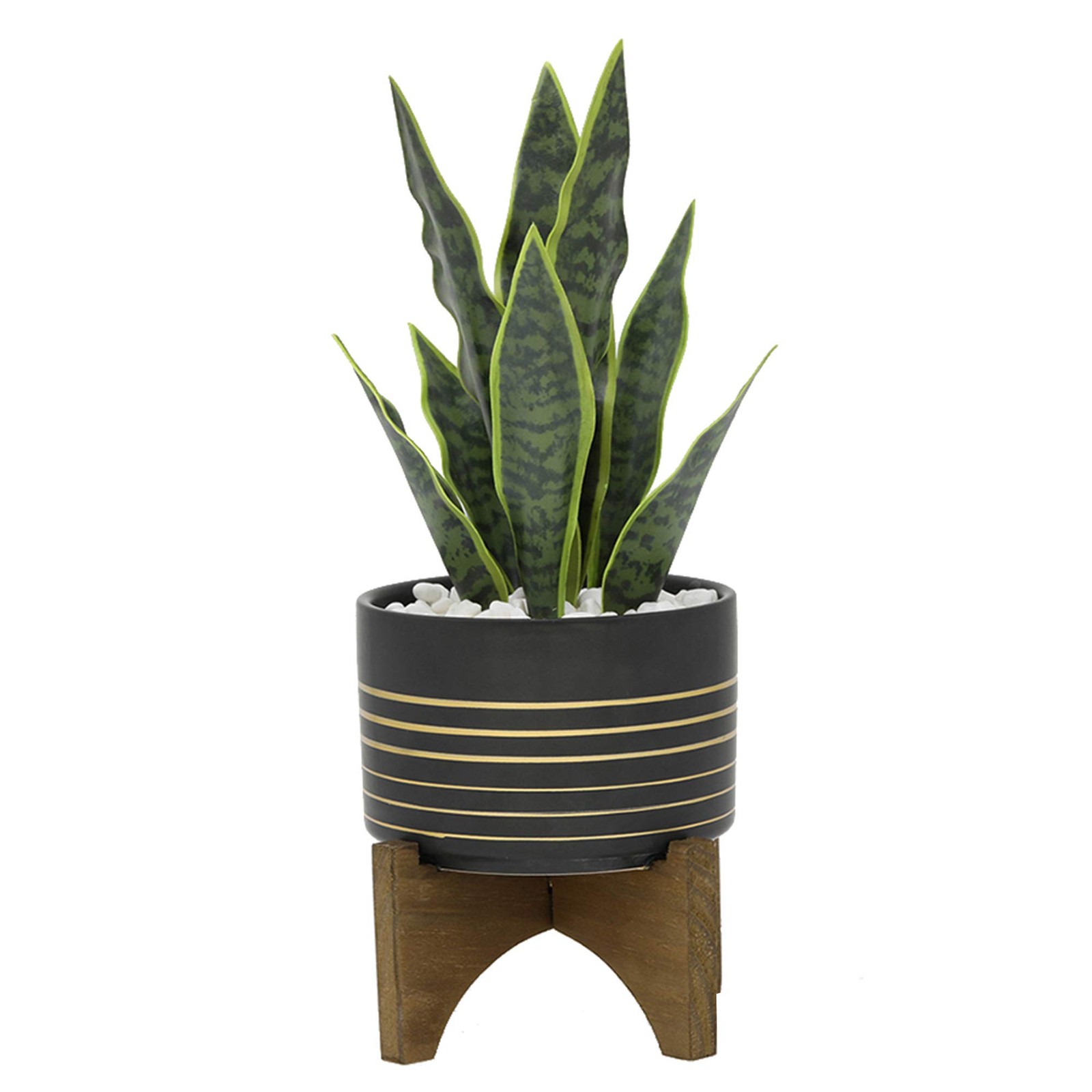 Flora Bunda Faux Succulent in Black & Gold Ceramic Pot on Wood Stand, 12″ Tall