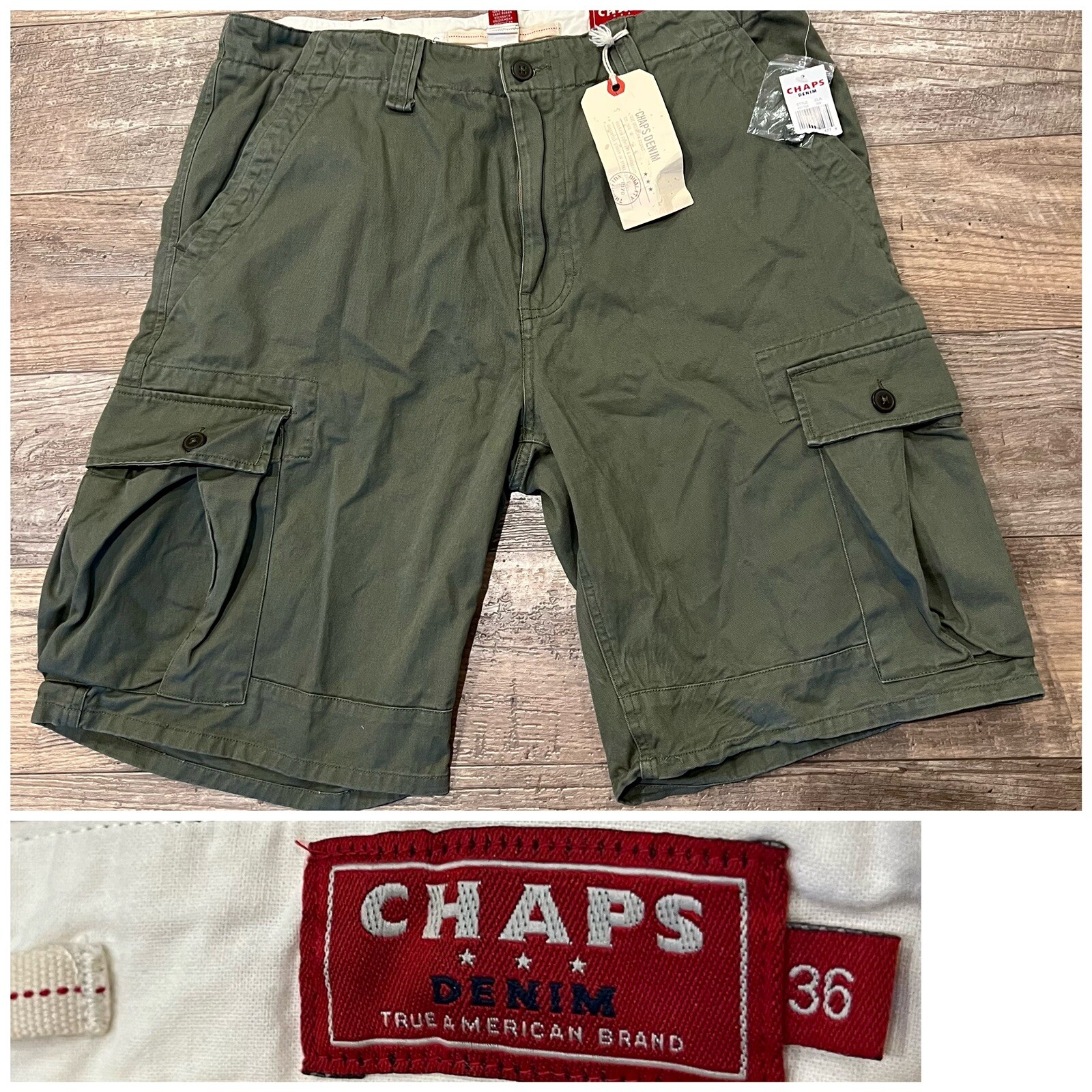 Chaps Men’s Green Cargo Shorts Flat Front Size 36 11” Ins NWT Pockets