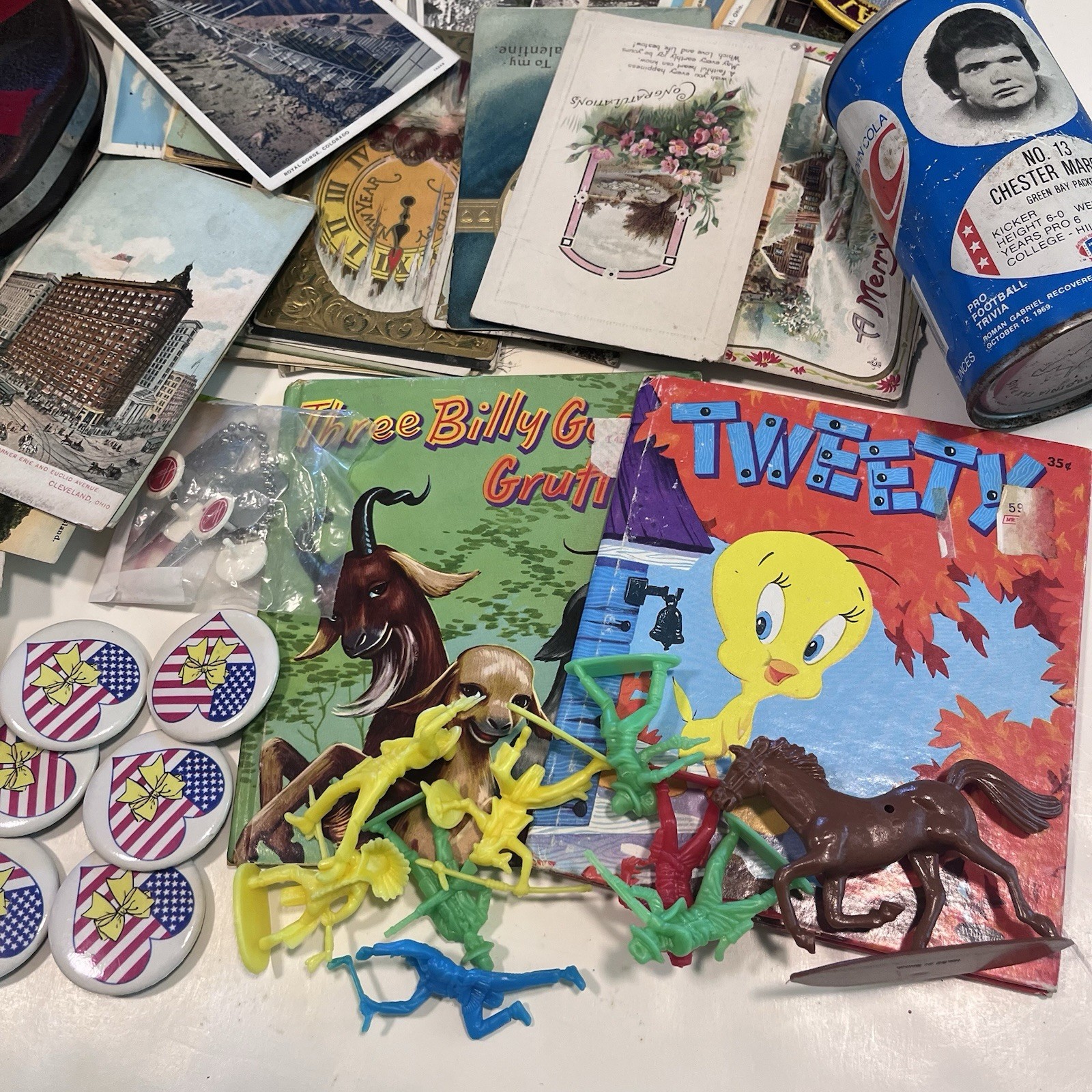 VTG Junk Drawer Lot Ephemera Postcards Man Cave Pins Tape Toys Can Gorillas