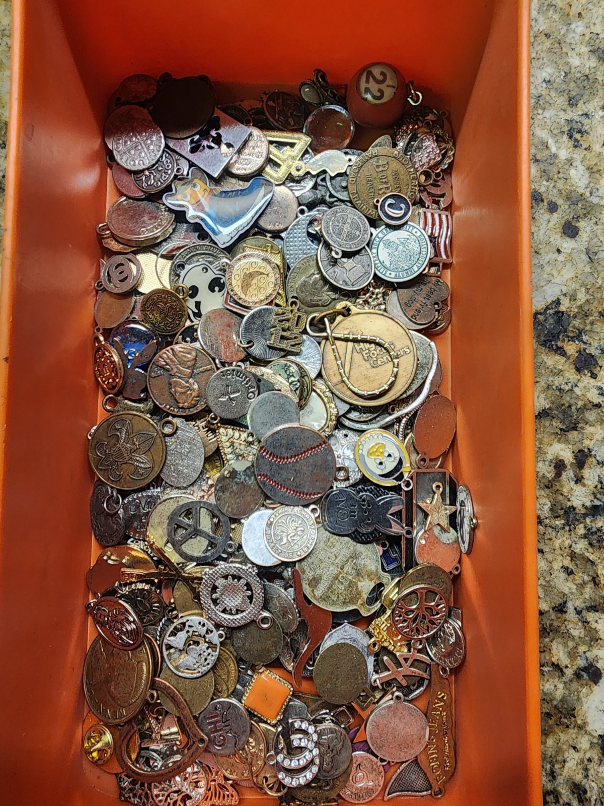1.5 lbs. trinkets lot incl. Charms,rings,religious, etc.