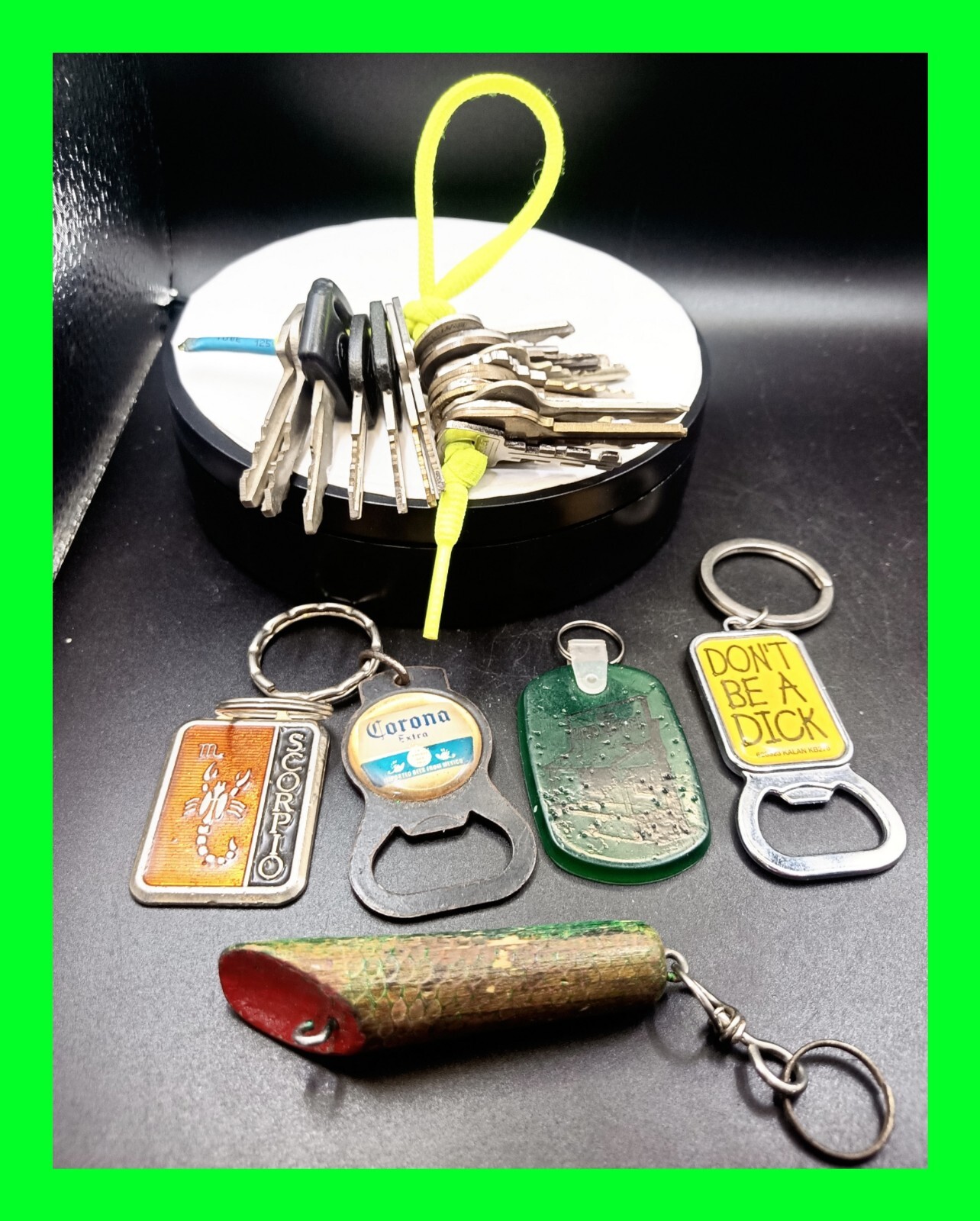 Junk Drawer Lot Of Vintage Keychains & Ford, GM, Honda ATV, Padlock & Home Keys