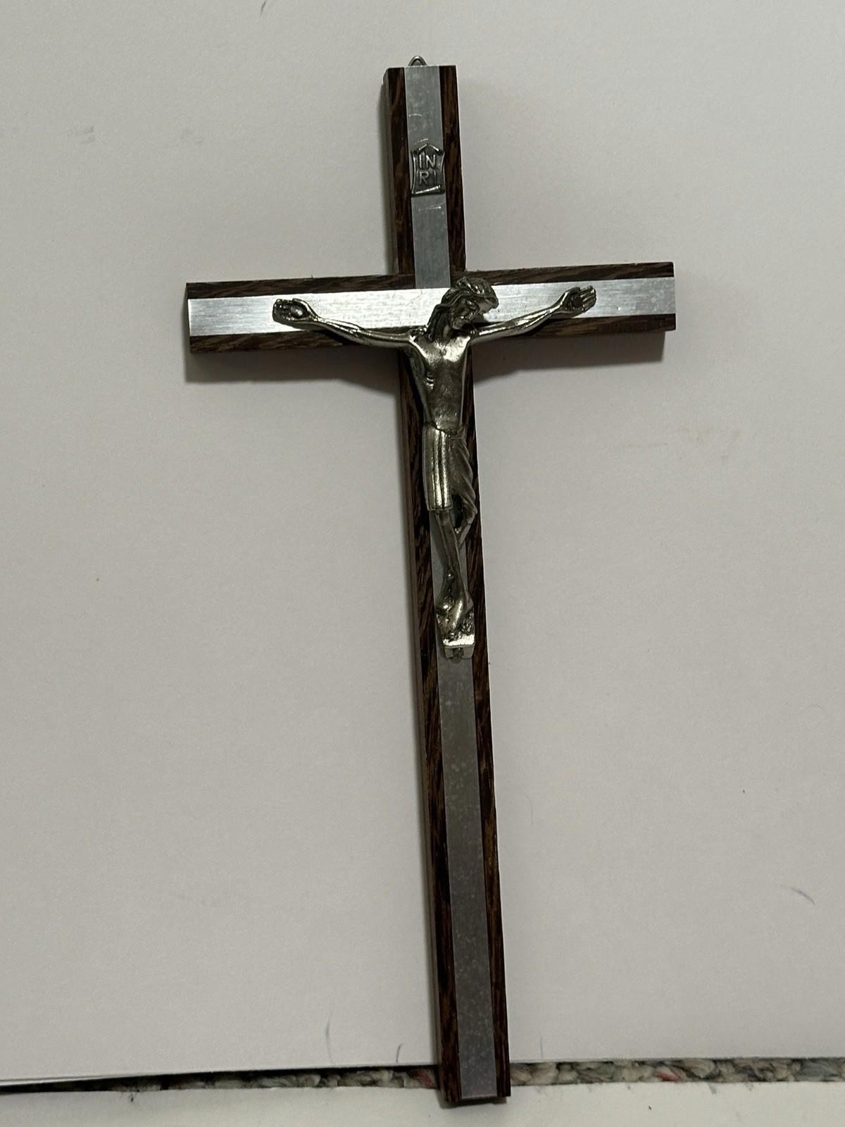 Vintage Wood Wall Crucifix Brushed Silver Tone Inlay, Metal Christ, Italy