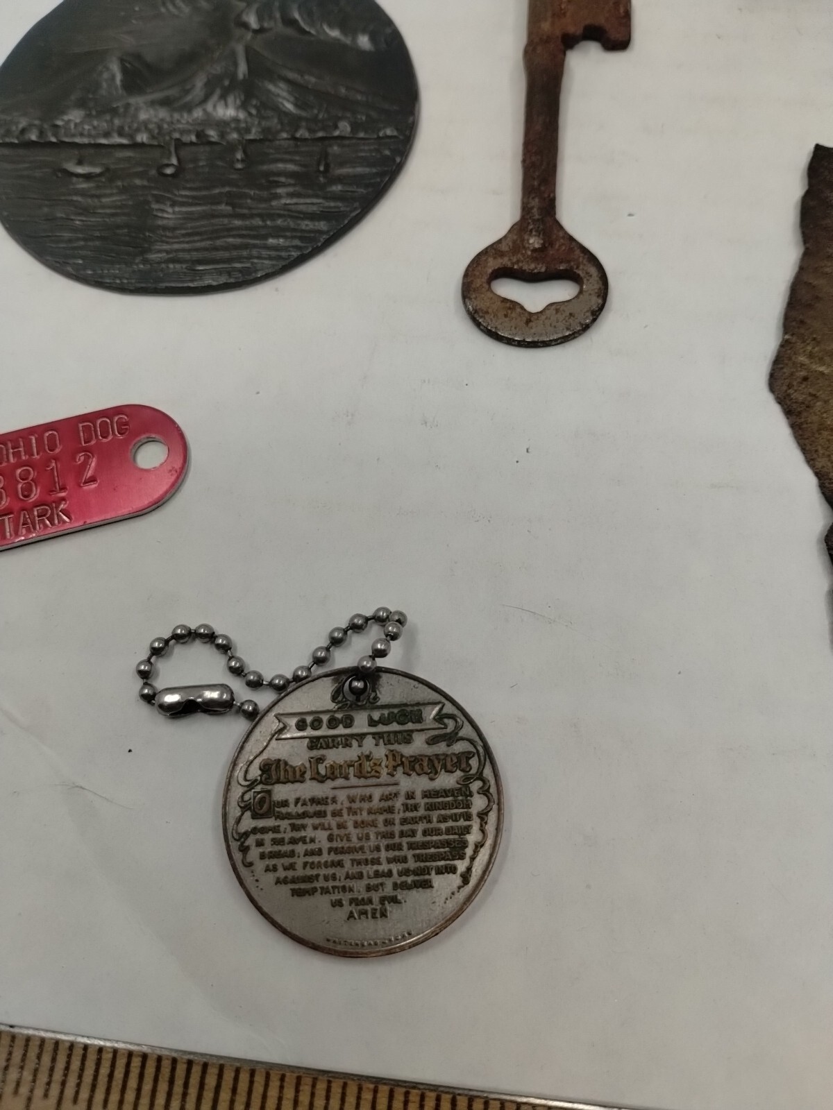 Vintage Junk Drawer Lot Advertising Rings Tokens Key Dog License Tie Clip #11