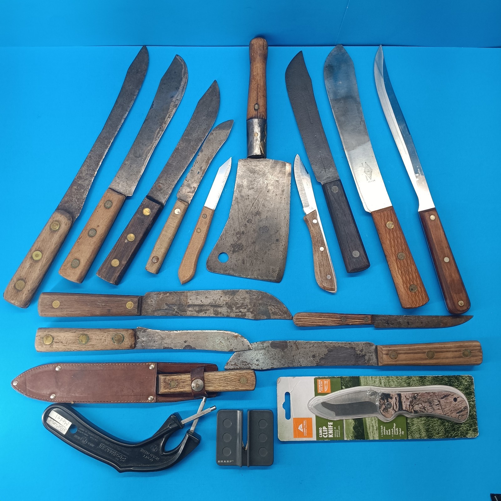 Junk Drawer Lot 15 Knives 1 Cleaver 2 Sharpeners Most Vintage 1 Shapleigh H/W