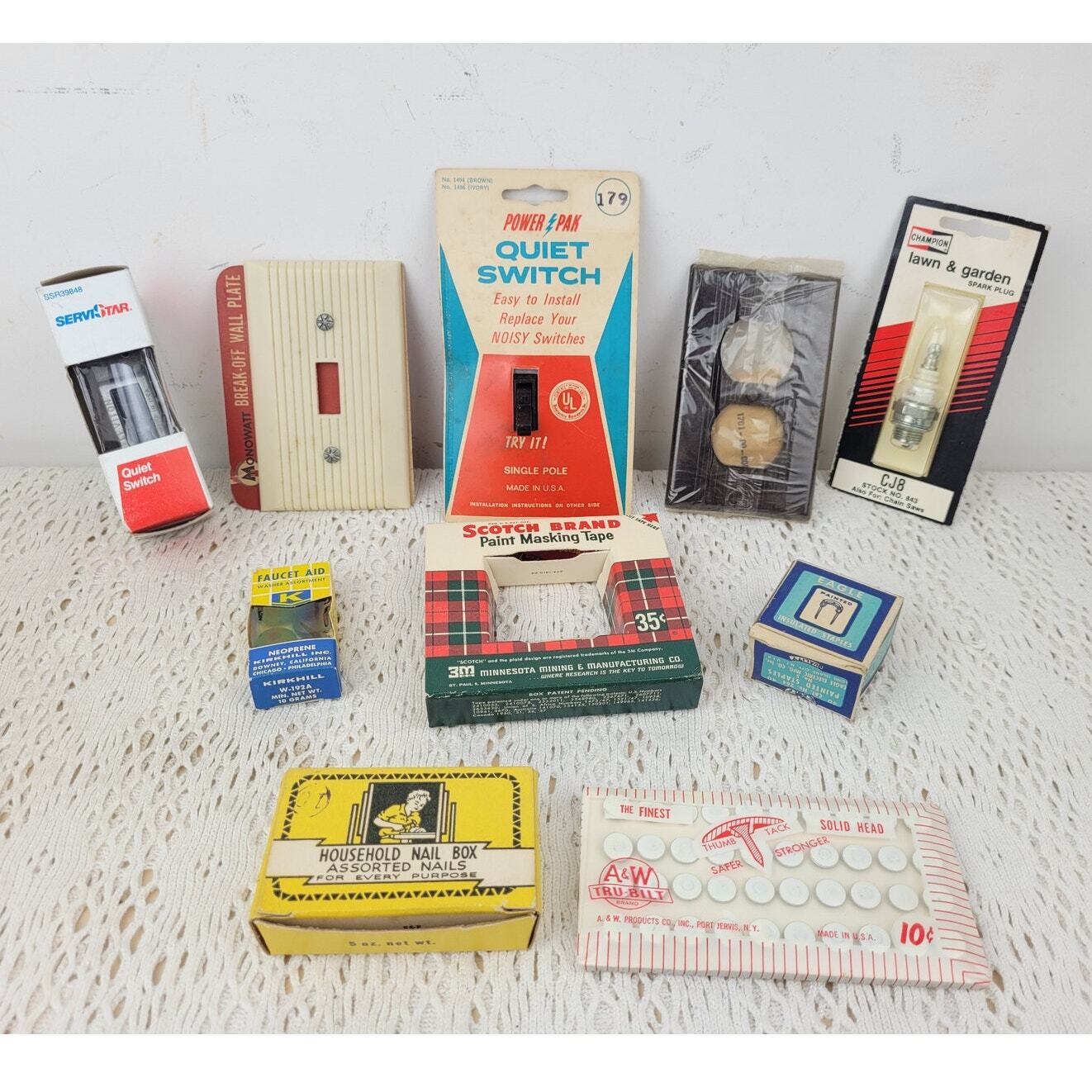 Vintage Handyman NOS Lot Bakelite Light Switches Scotch Tape Tacks Baker Nails