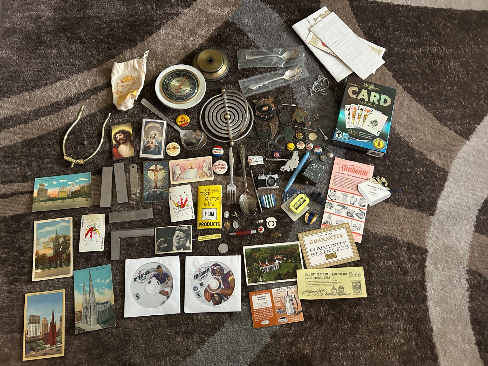 Gramps vintage Junk Drawer Lot Religious JFK Button Owl Humidity Flatware Paper