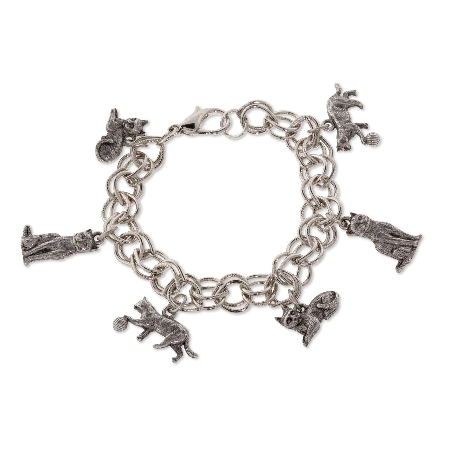 1928 Jewelry Women’s Pewter 6 Cat Charm Bracelet, Silver, One Size