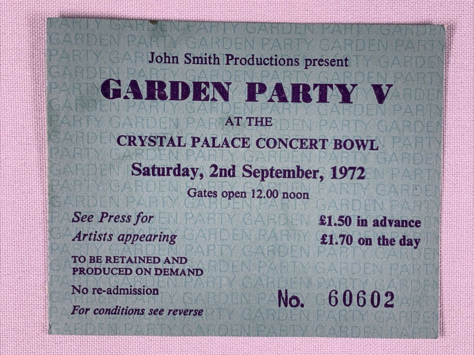 Yes Jon Anderson Garden Party V Ticket Original Crystal Palace Concert Bowl 1972