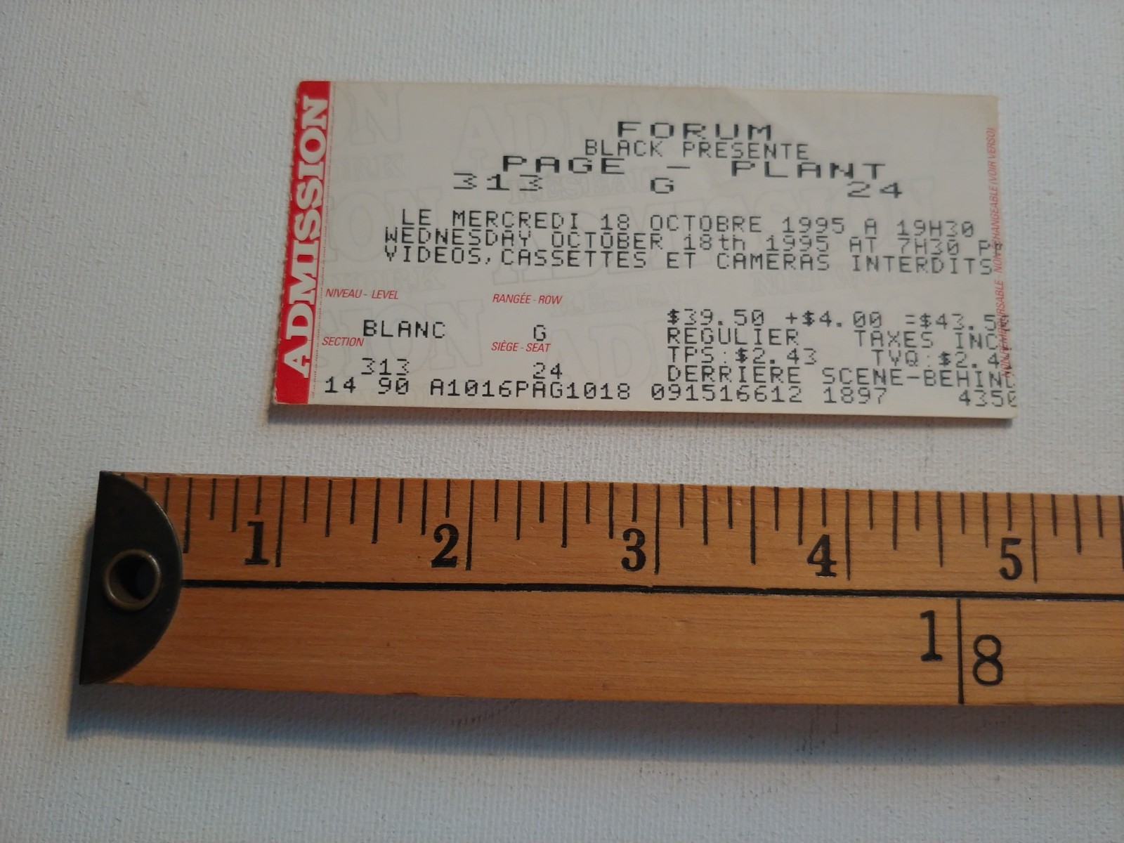 * RARE 1995 PAGE PLANT ZEPPELIN MONTREAL FORUM TICKET STUB BAND MUSIC QUEBEC *