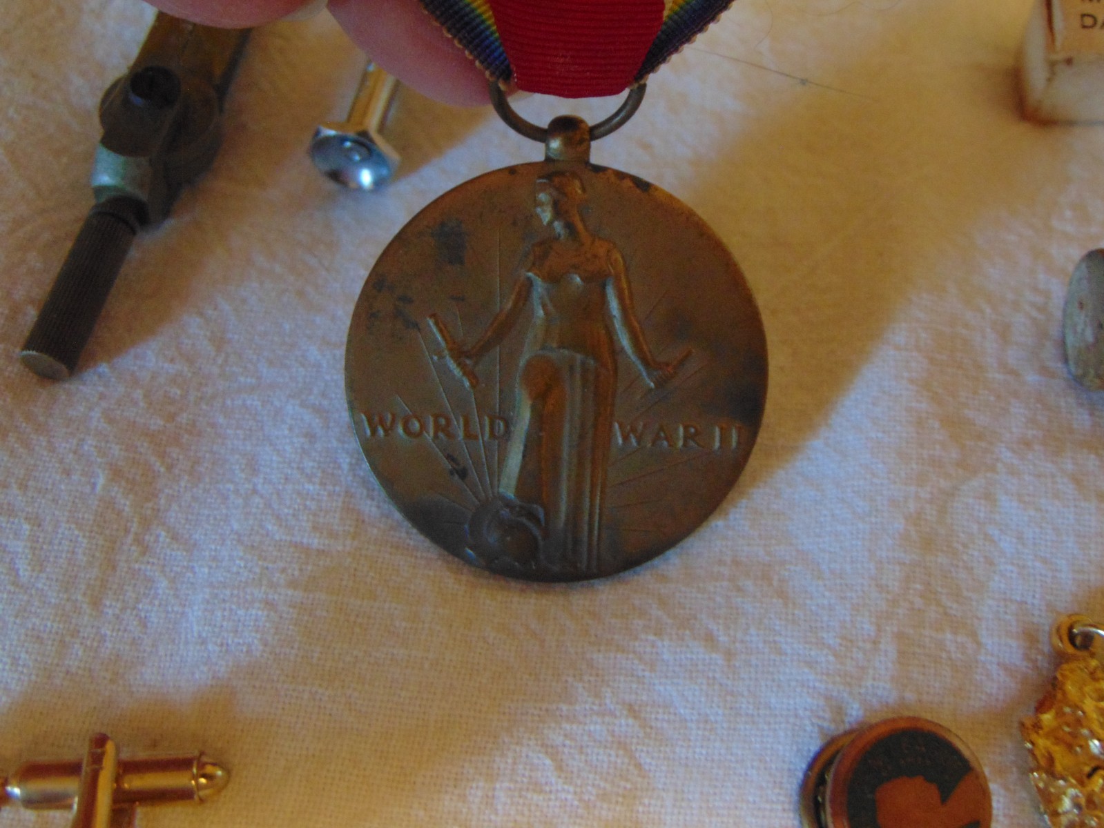 Vintage Junk Drawer Lot Watch Slide Chains Goofy Tools WW2 Medal Morse Bulova