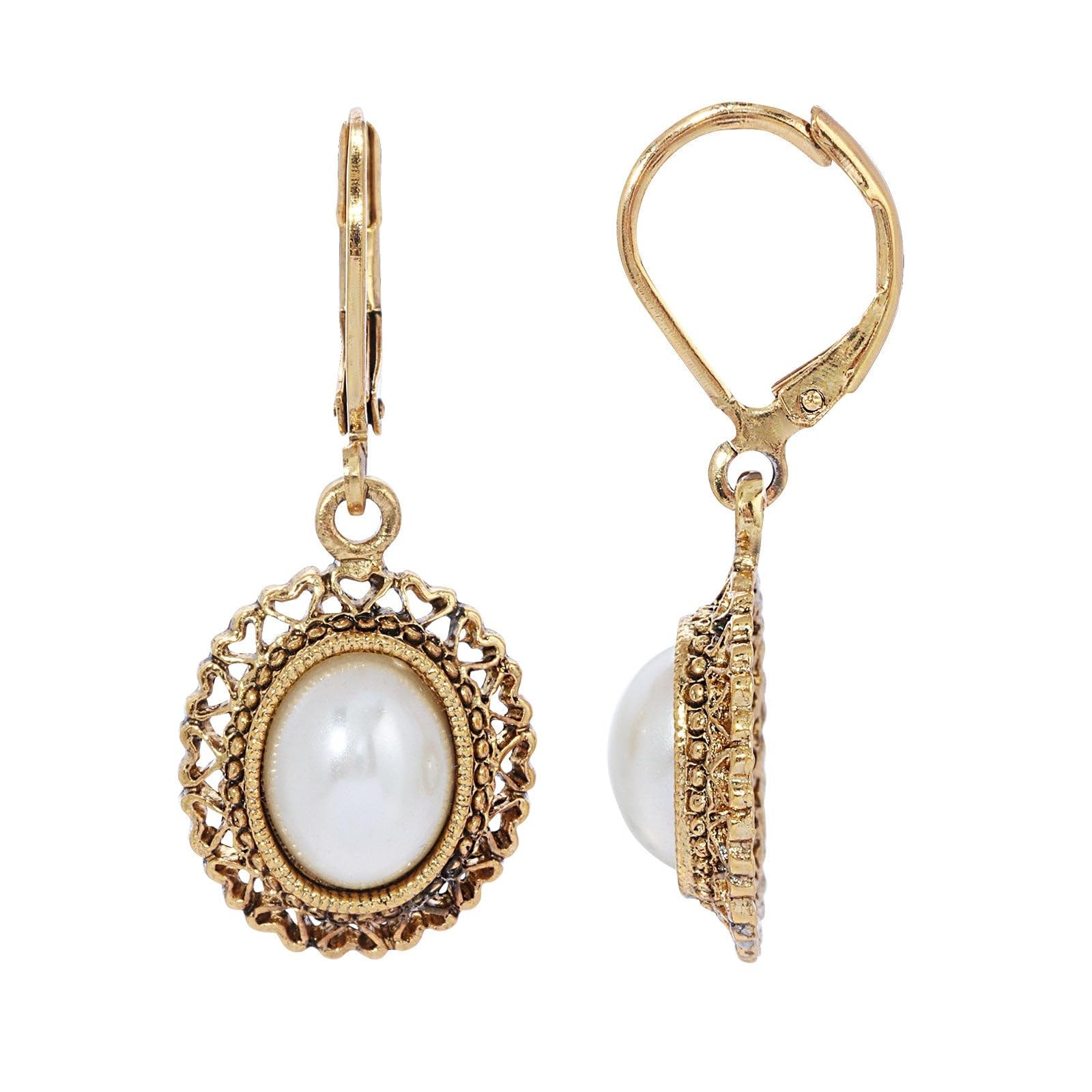 1928 Jewelry Gold-Tone Heart Dangle Earrings with Faux Pearl, 1.5″, Wedding