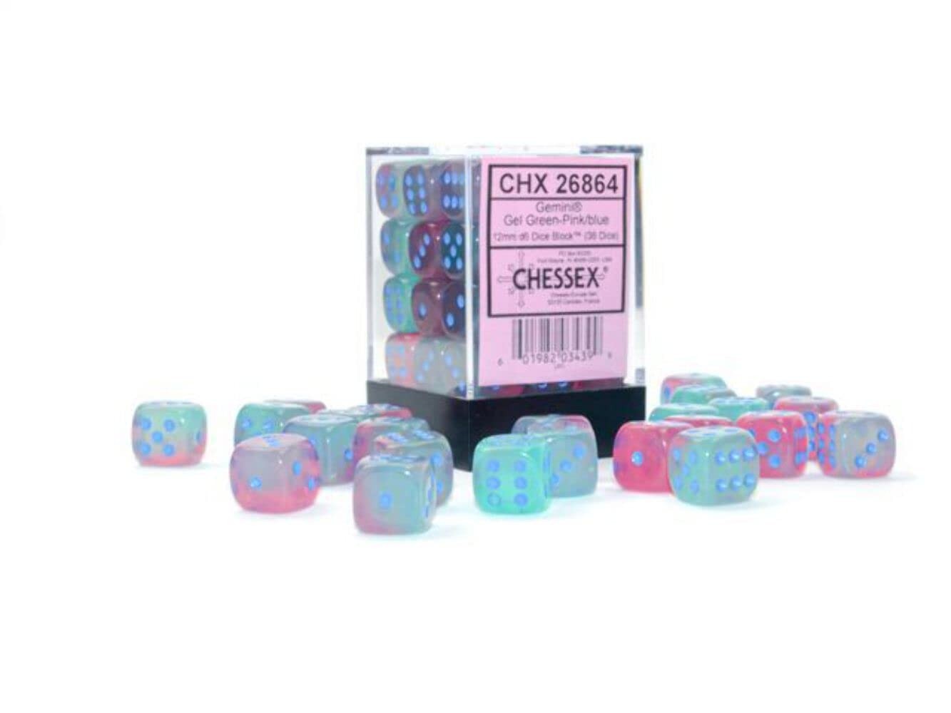 Chessex 12mm Gemini Gel Green-Pink/Blue Luminary D6 Dice Set 36pcs, D&D TTRPG