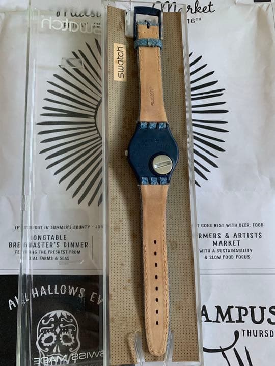 Swatch GI101 Stars Pins Denim & Leather Strap Used 1998 Switzerland