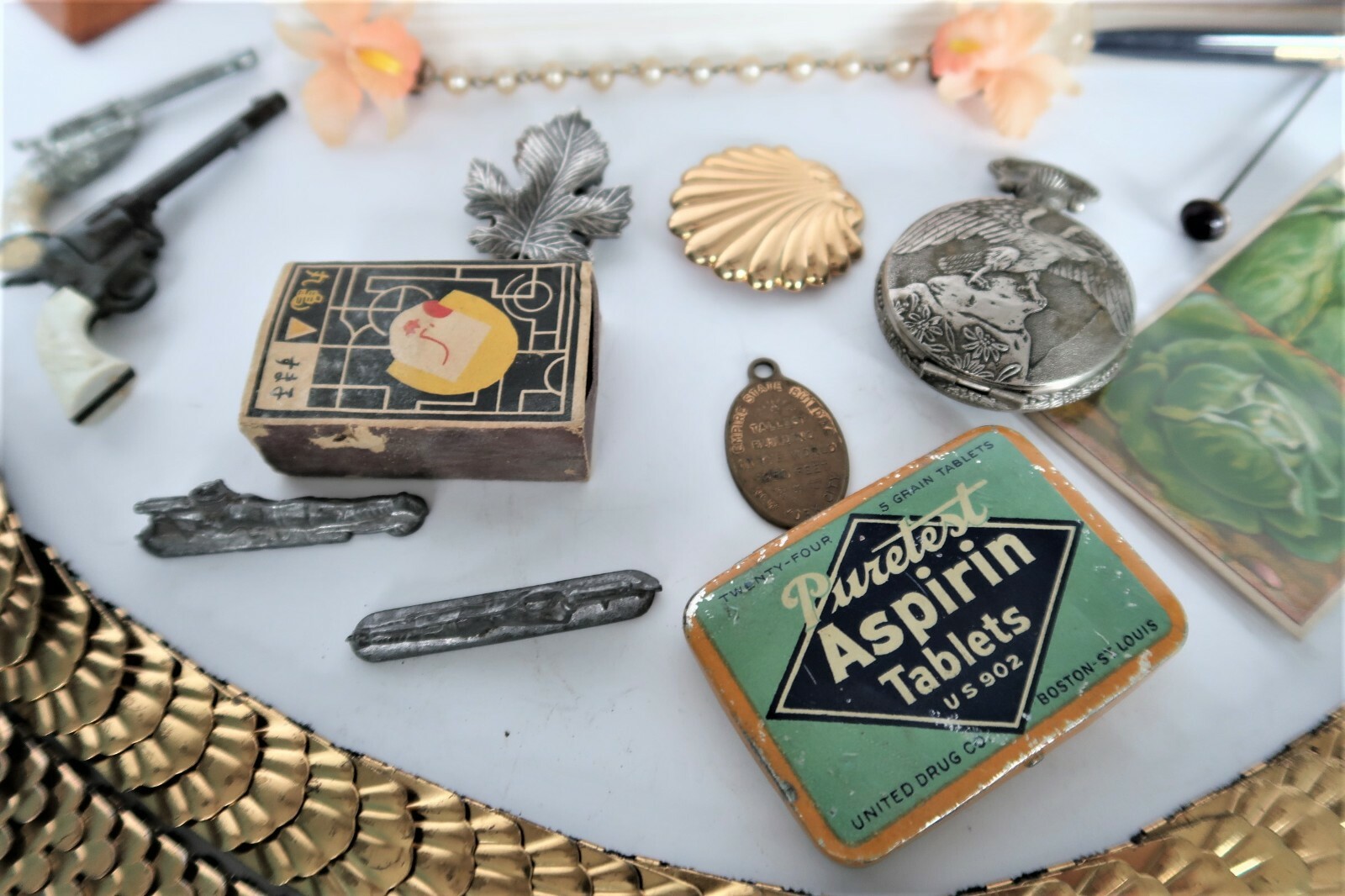 Junk Drawer Lot Belt, Rosary, Slides, Fan, Seth Thomas Clock, Vtg Ad Tins & More