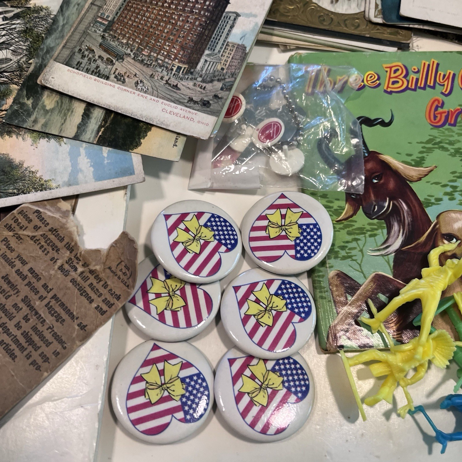 VTG Junk Drawer Lot Ephemera Postcards Man Cave Pins Tape Toys Can Gorillas
