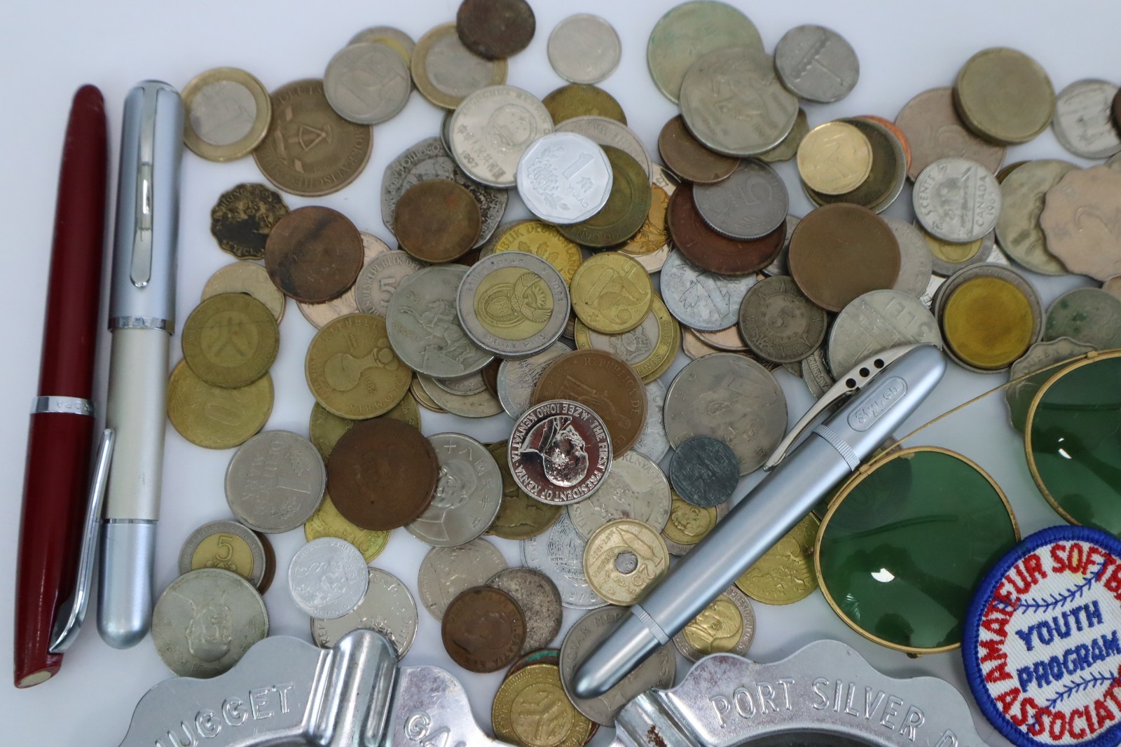 Vintage Junk Drawer Lot Estate Smalls Coins Lighters Knives Pens Ephemera Mixed