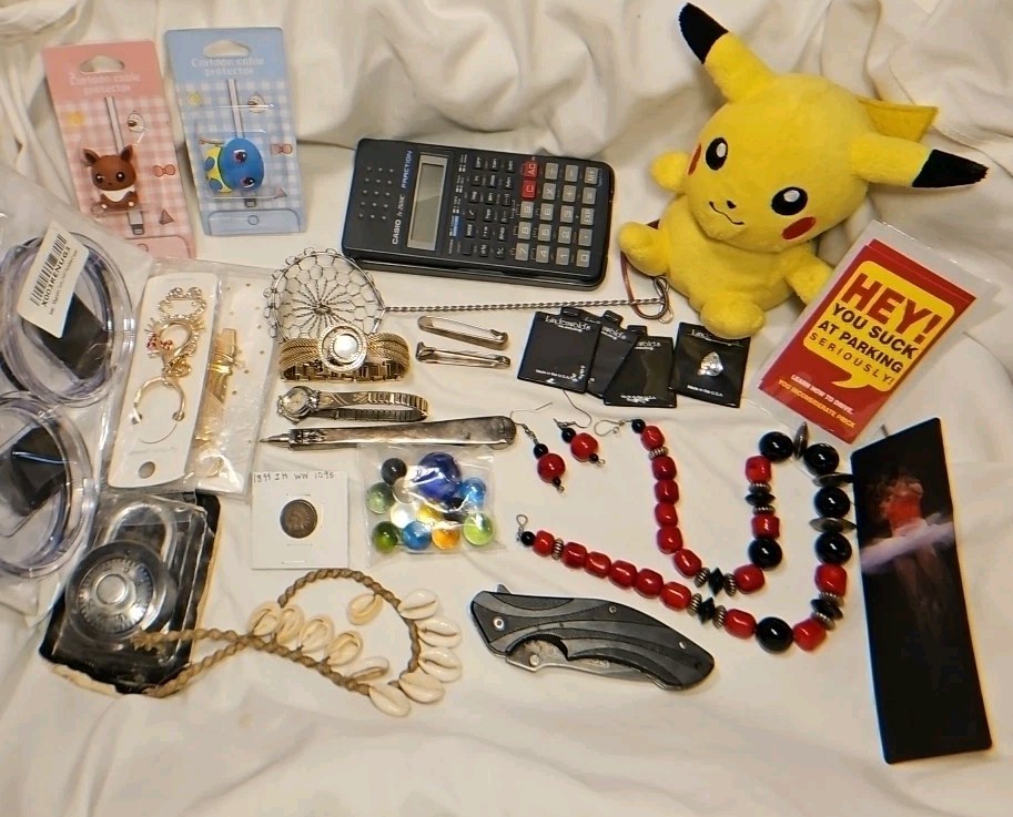24+ Piece Junk Drawer Lot Mix: Jewelry, Marbles, Coin & Other Collectibles