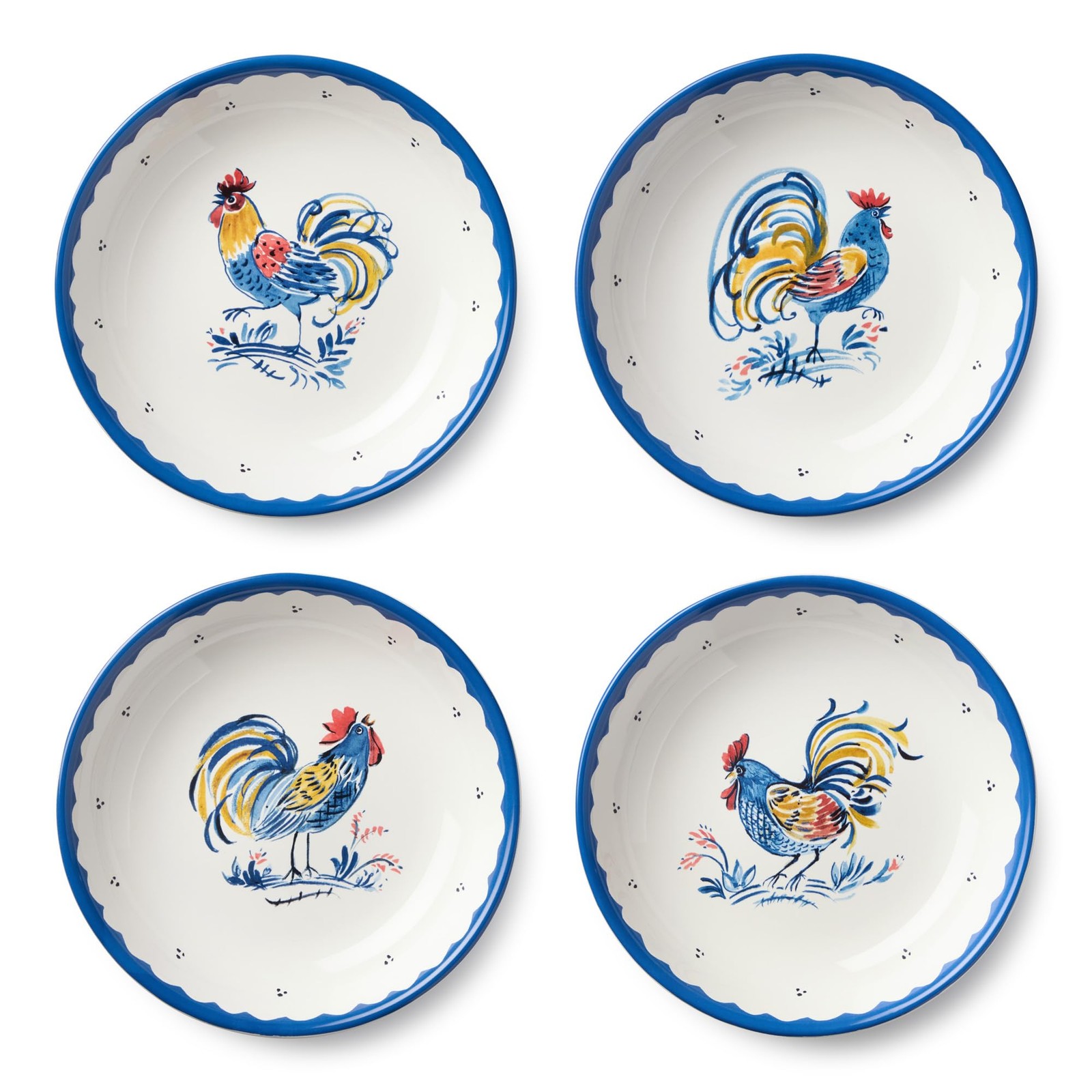 French Rooster Ceramic Soup Cereal Bowls Set of 4 9in Farmhouse Cobalt Border