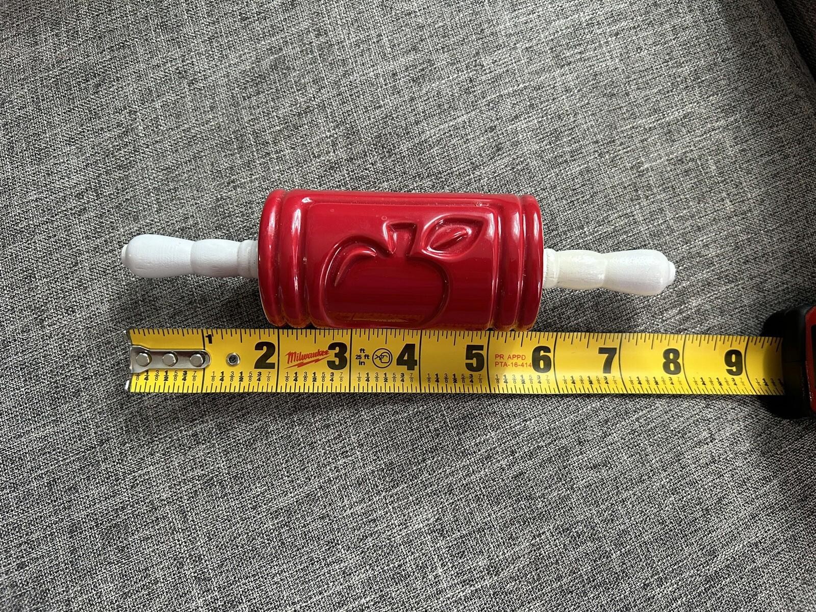 Ceramic Decorative Pastry Stamp Rolling Pin Wooden Handles 7 1/2″ Red Apple