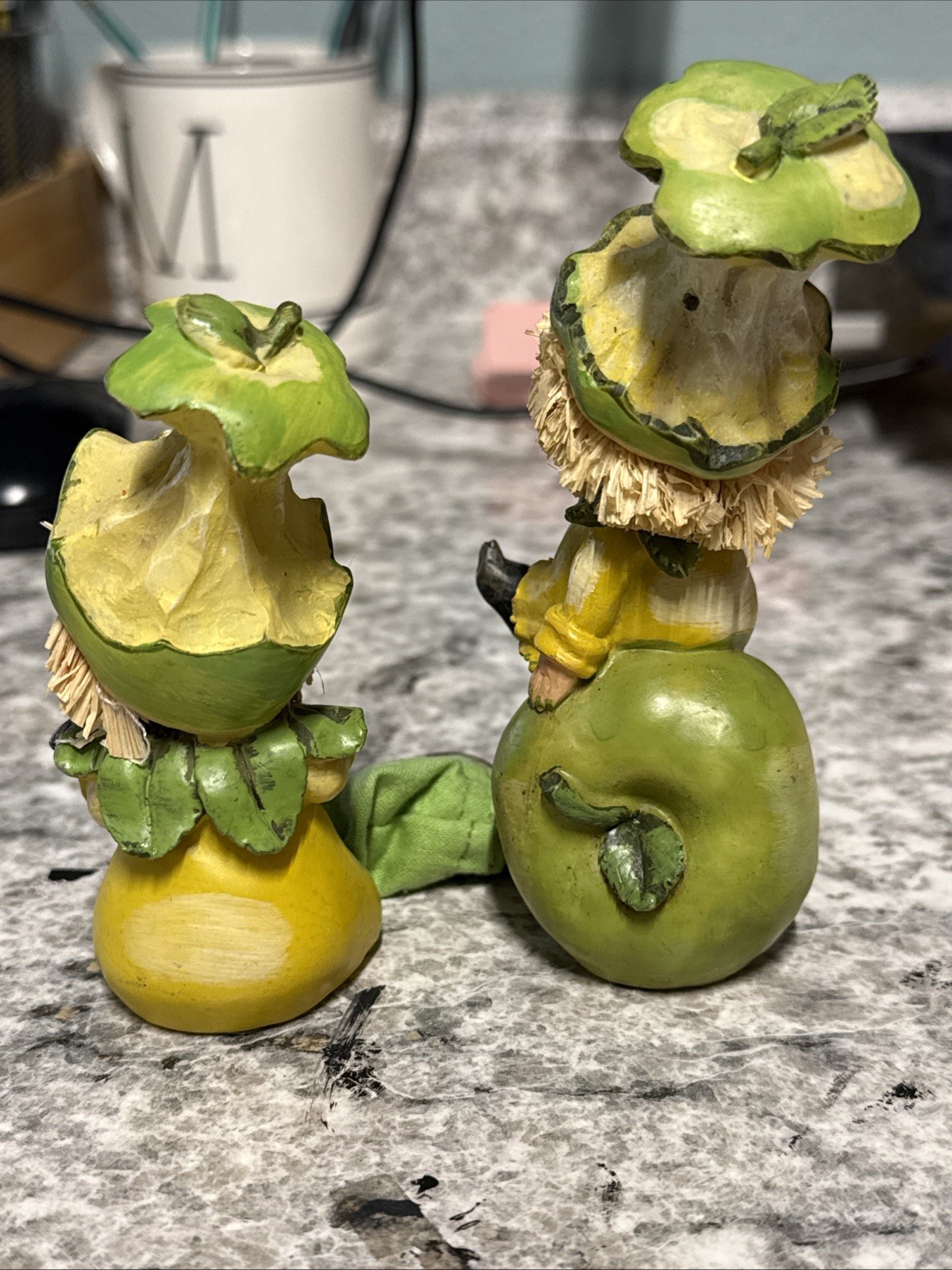 Vintage SET Resin Elf Figurine w/ Bird on Green Apple, Whimsical Decor (4.75″)