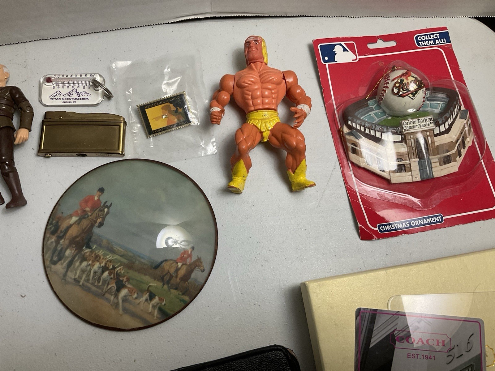 Vintage large junk drawer Lot NHL hockey pucks action figures Corgi Car Misc.