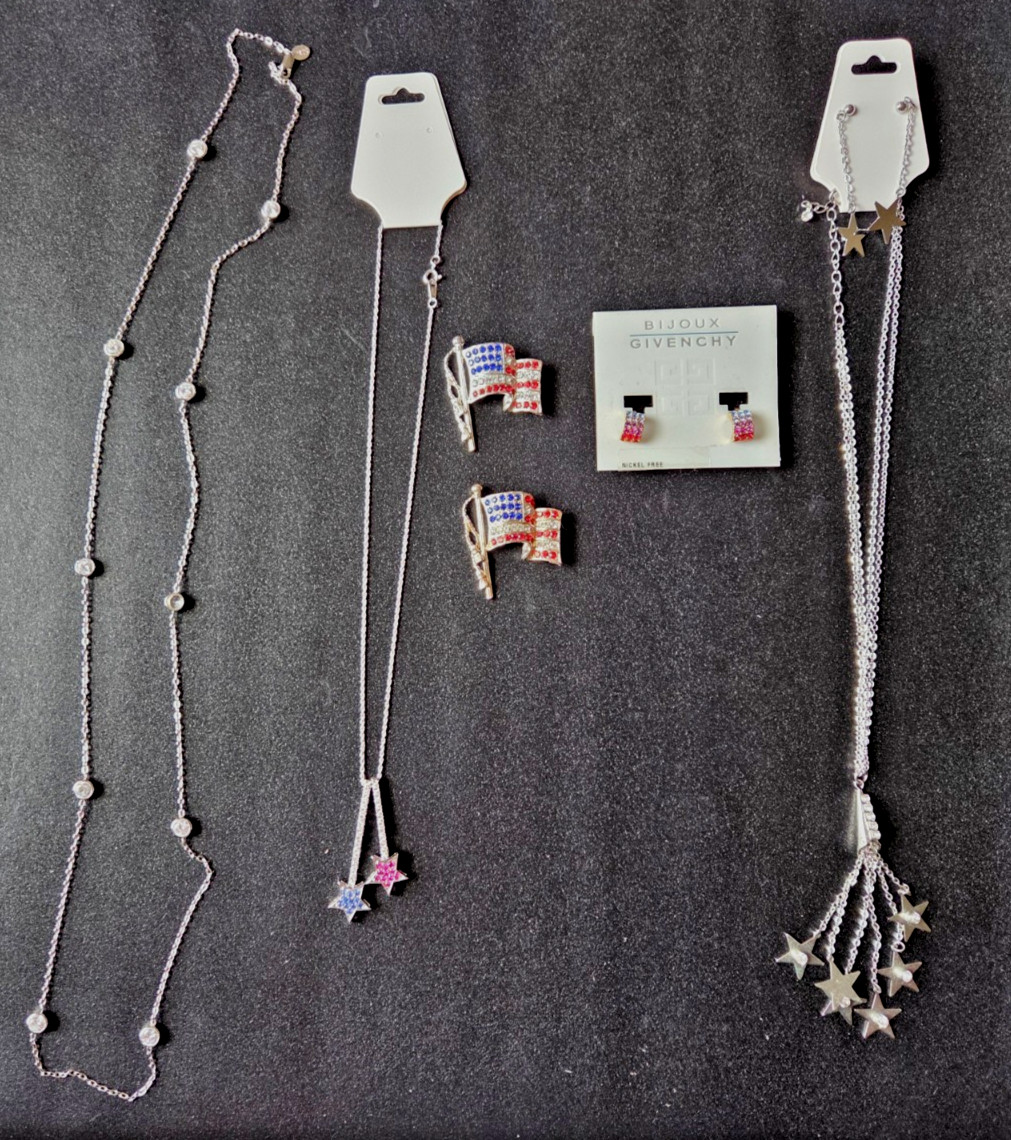 USA 4th of July Jewelry Lot Napier Flag Pins Givenchy Earrings Silver Necklaces