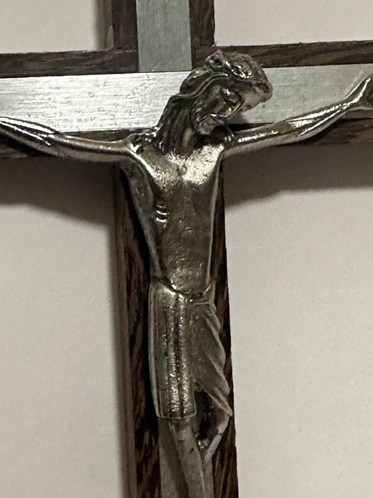 Vintage Wood Wall Crucifix Brushed Silver Tone Inlay, Metal Christ, Italy