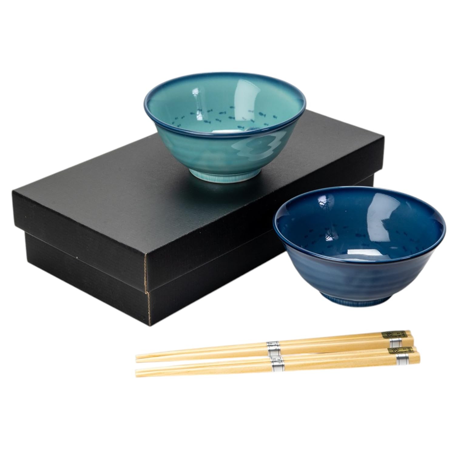 Mino Ware Japanese 5″ Bowl Set, 16 oz, with Chopsticks, Made in Japan