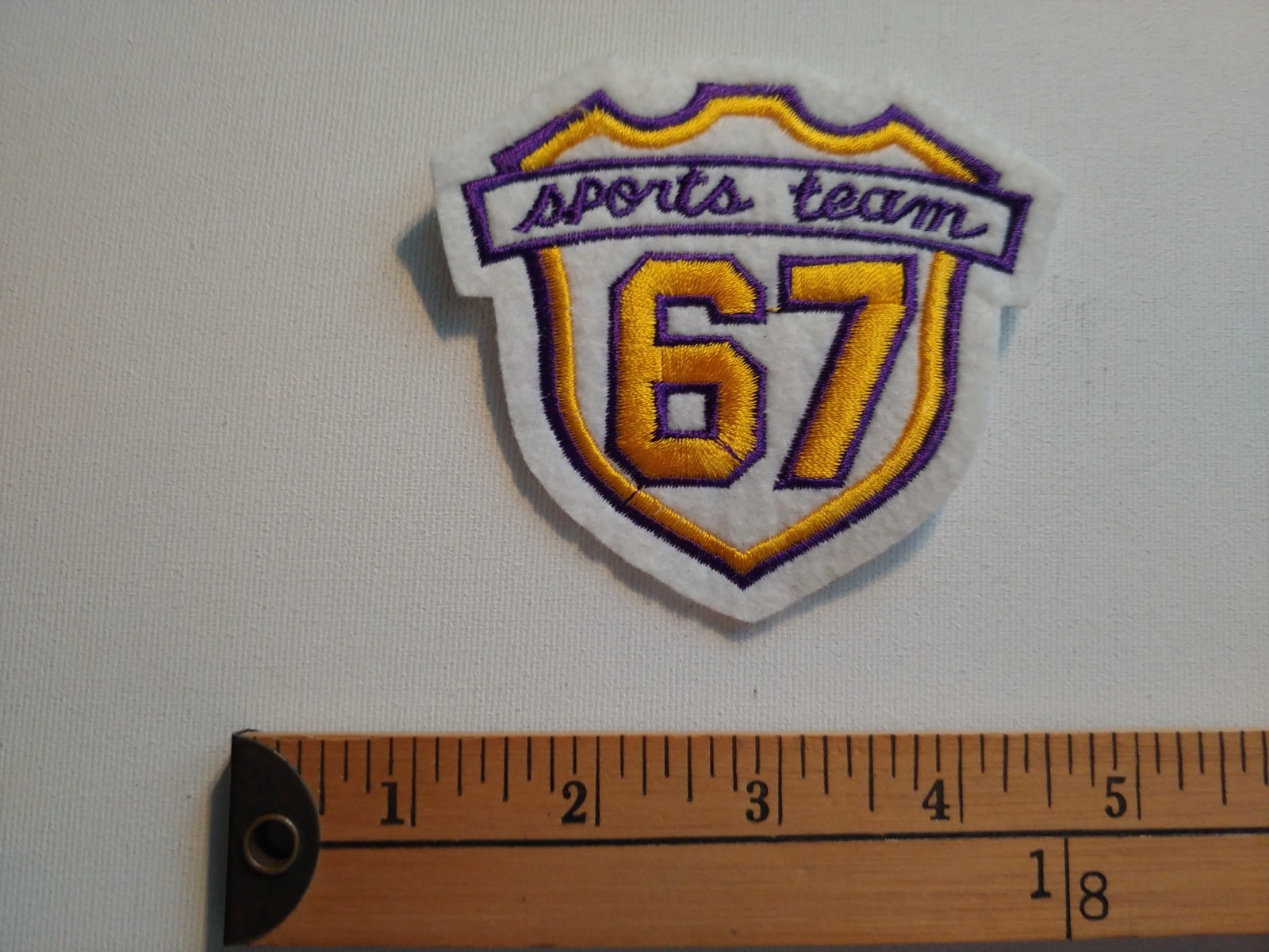 6 7 67 SLANG SAYING SPORTS TEAM PURPLE GOLD SIX SEVEN PATCH CREST ECUSSON