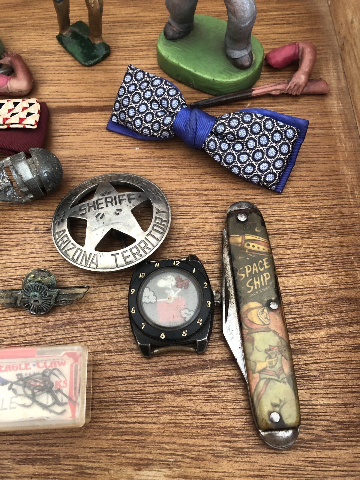 Junk Drawer Vintage Toy Lot Snoopy Watch Cap Gun Cap Grenade Pin Pirate Knife