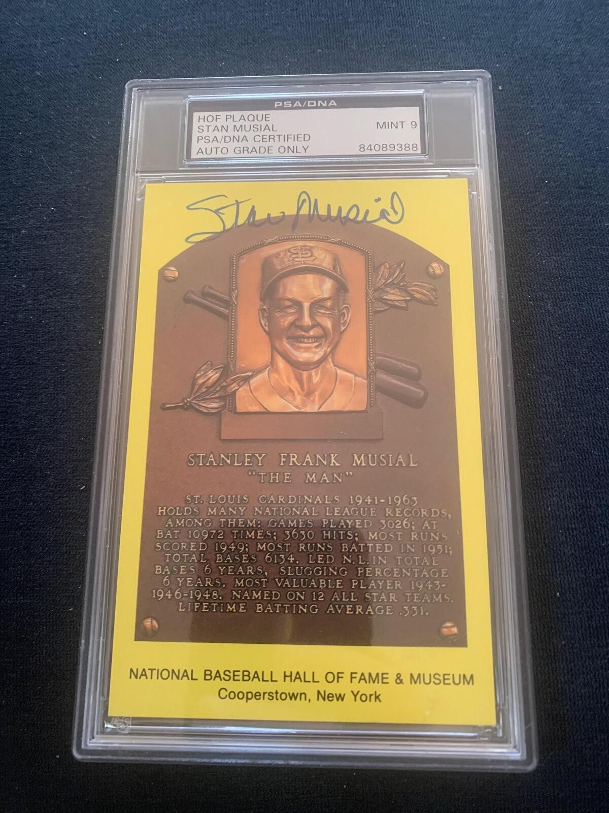 Stan Musial Signed Autographed HOF Plaque Postcard Cardinals PSA/DNA Auto Mint 9