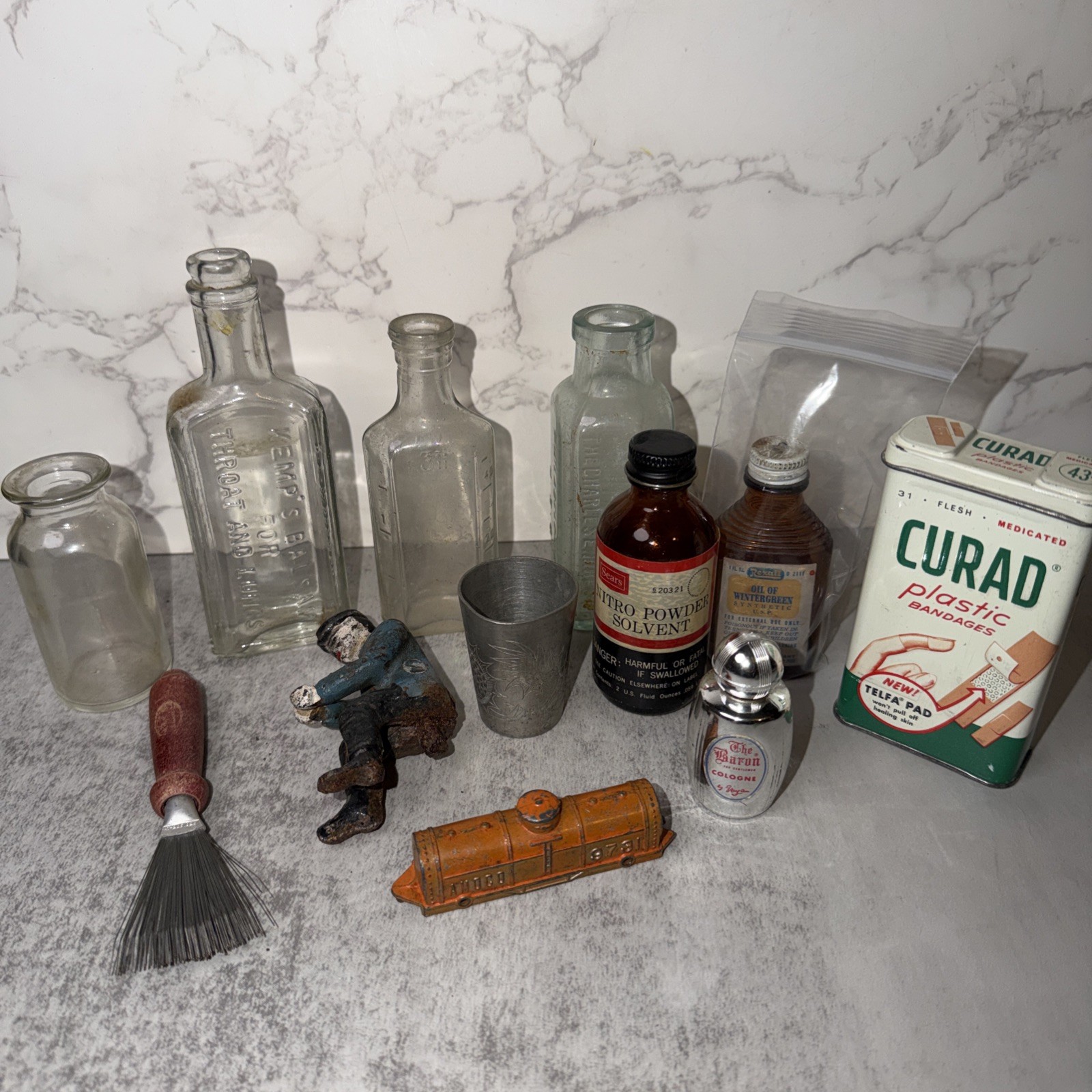 Vintage Metal & Glass Smalls Miniatures Mixed Lot Medicine Food Auto Toys 12 Pc!