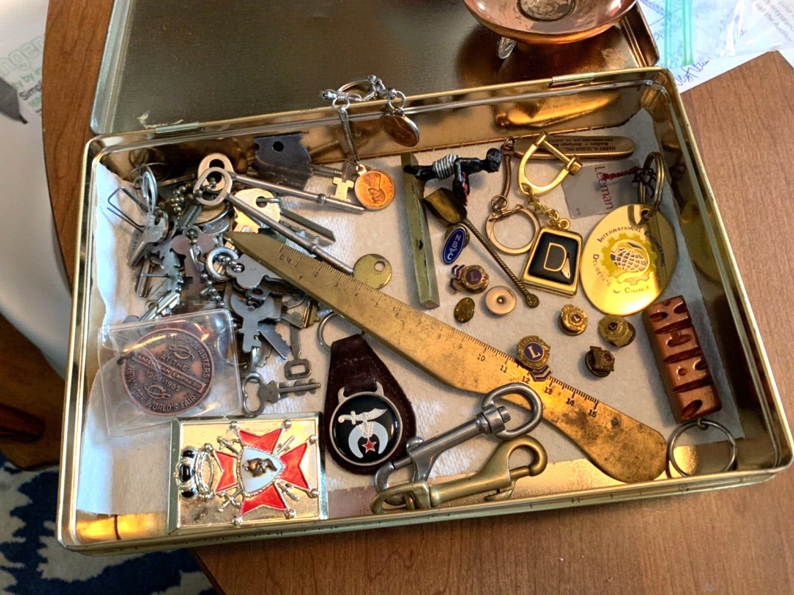 Antique Vintage Junk Drawer Lot Medals Pins Jewelry Coins Fobs Keys