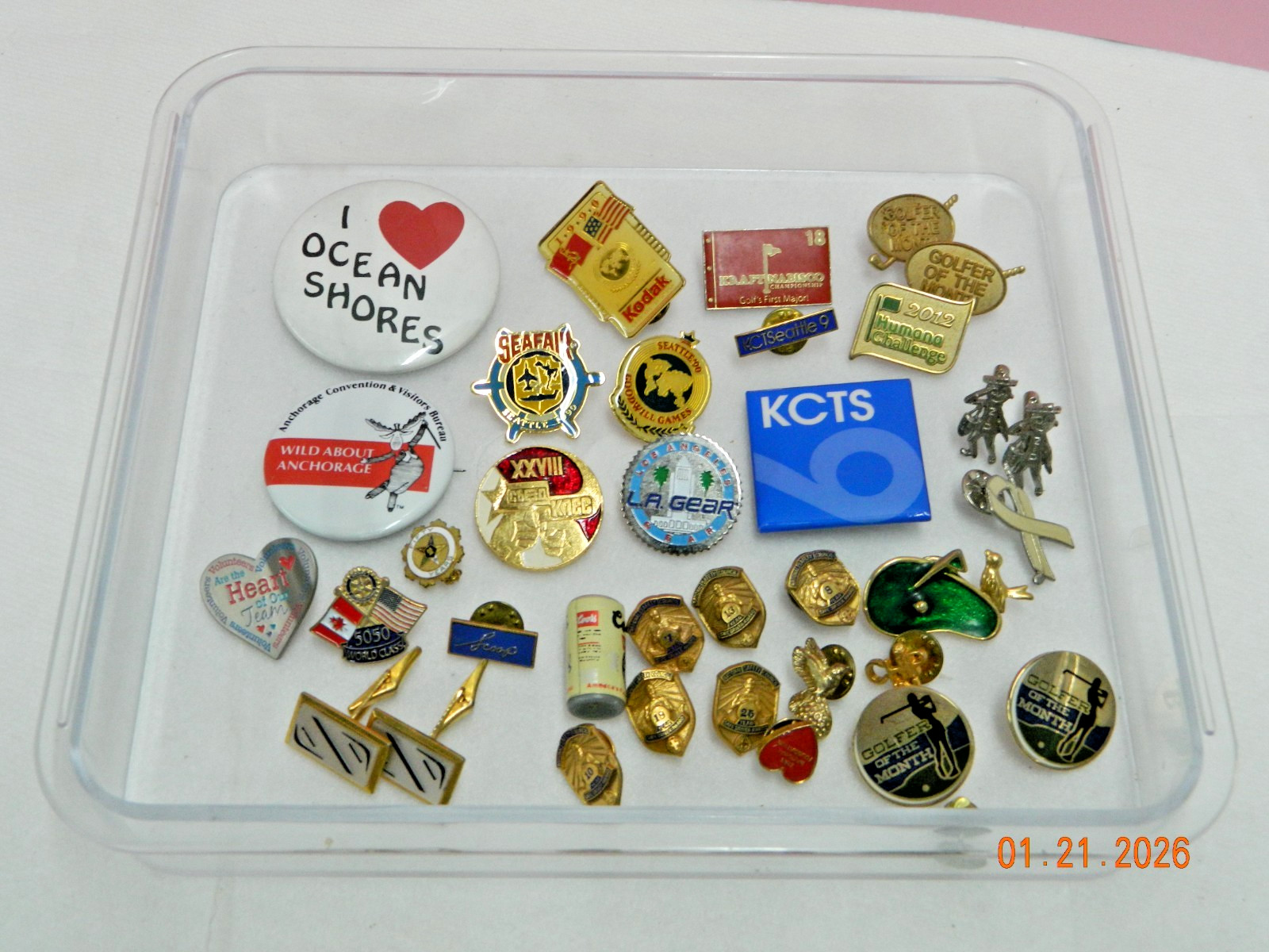 JUNK DRAWER LOT PINS EARRINGS SEATTLE SEAFAIR GOLF GREEN GOLFER OF THE MONTH ECT