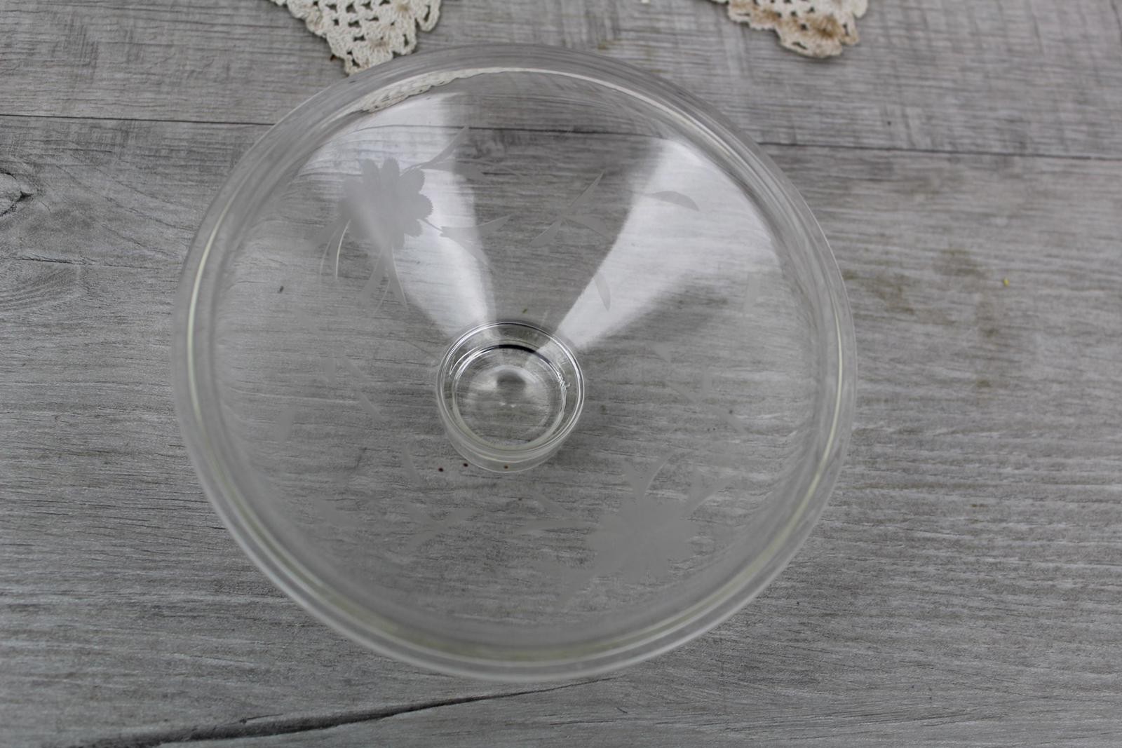 MCM Bowl Blue Glass Candy Nut Clear Etched Lid Pedestal Base