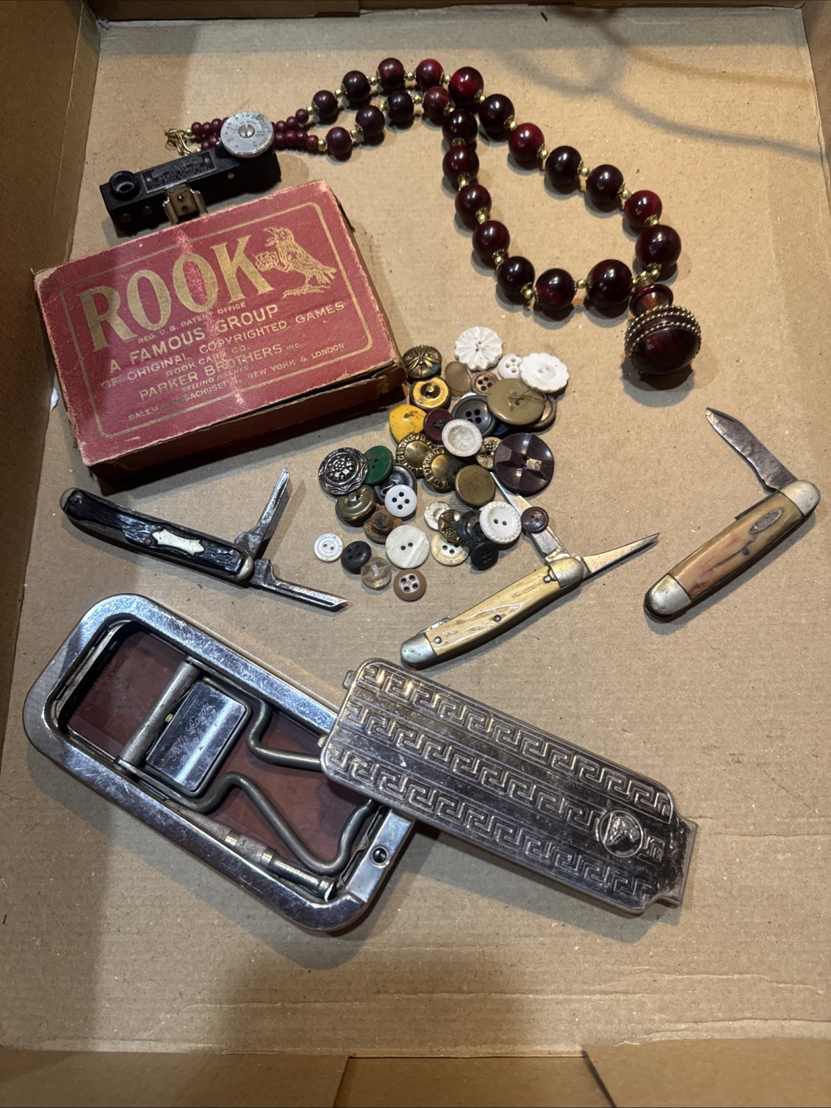 Vintage Junk Drawer, Knives, Perfume Bottle Necklace, 20s Rook, Rangefinder More