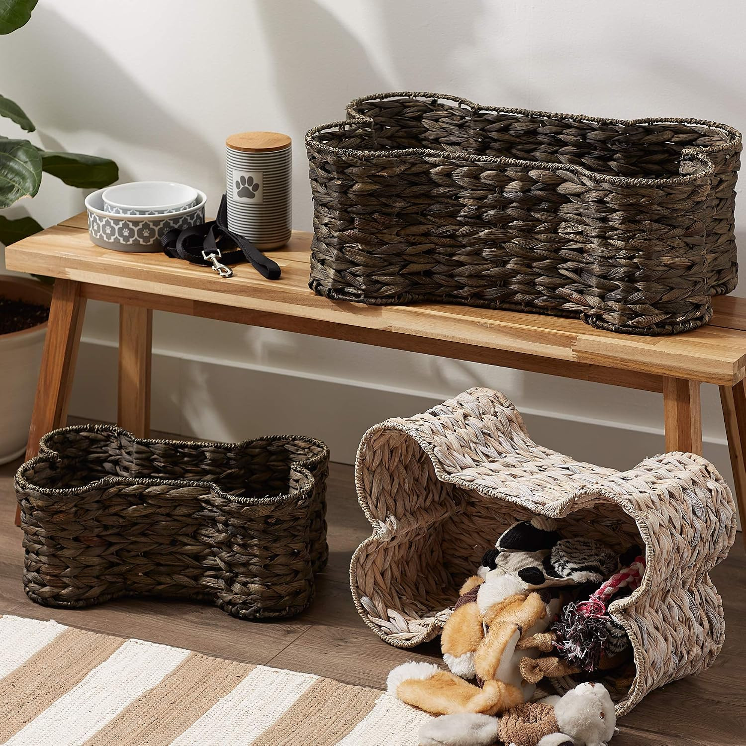 Pet Storage Collection, Bone Shape Hyacinth Toy Basket, White Wash, Large – 24X1