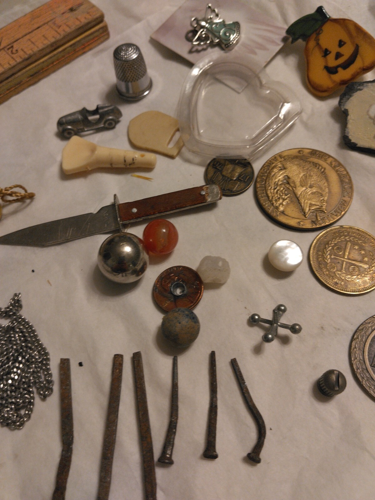 Vintage Junk Draw Mix Square Nails ,Knives,Tokens And More