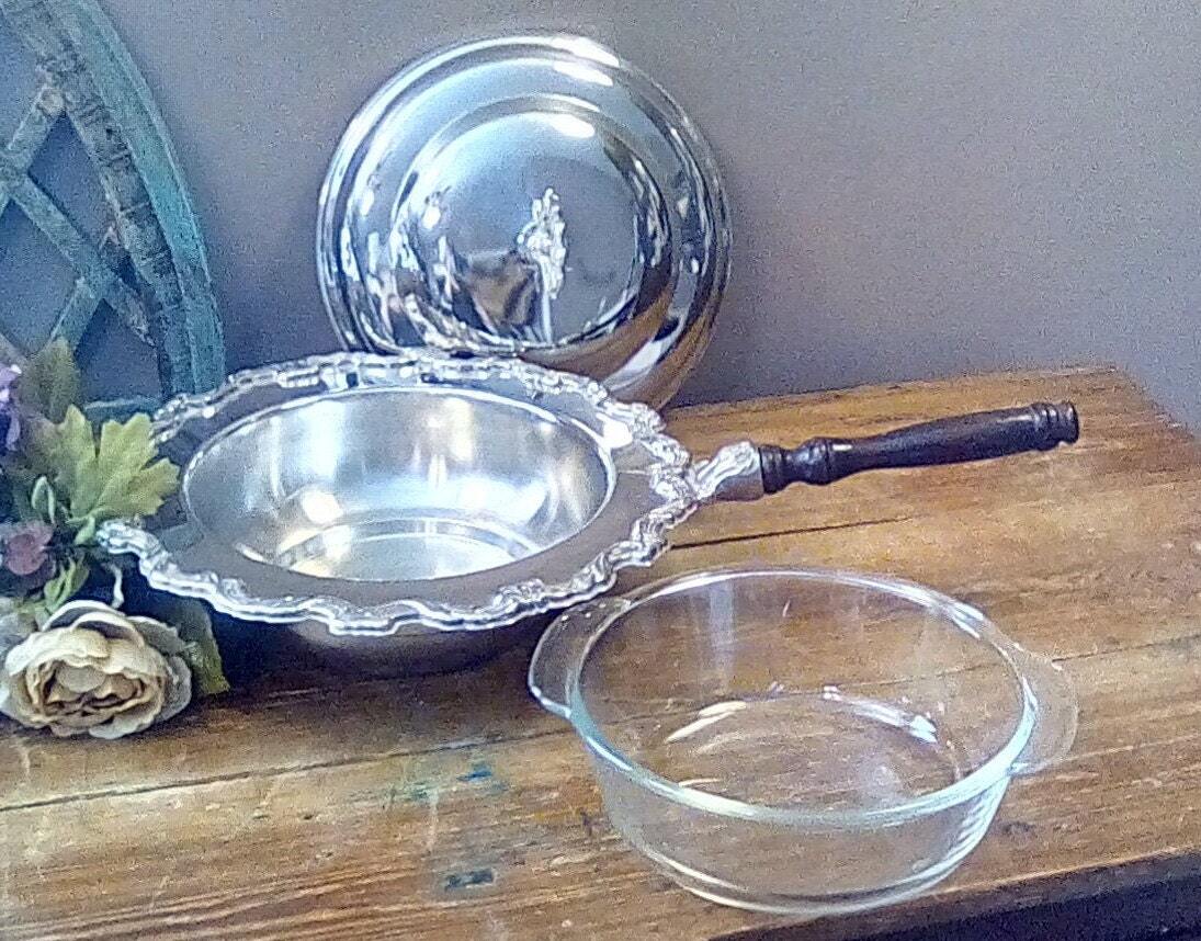 Vintage Silver Plate Serving Dish with Lid and Glass Insert, Fire King 2 Quart