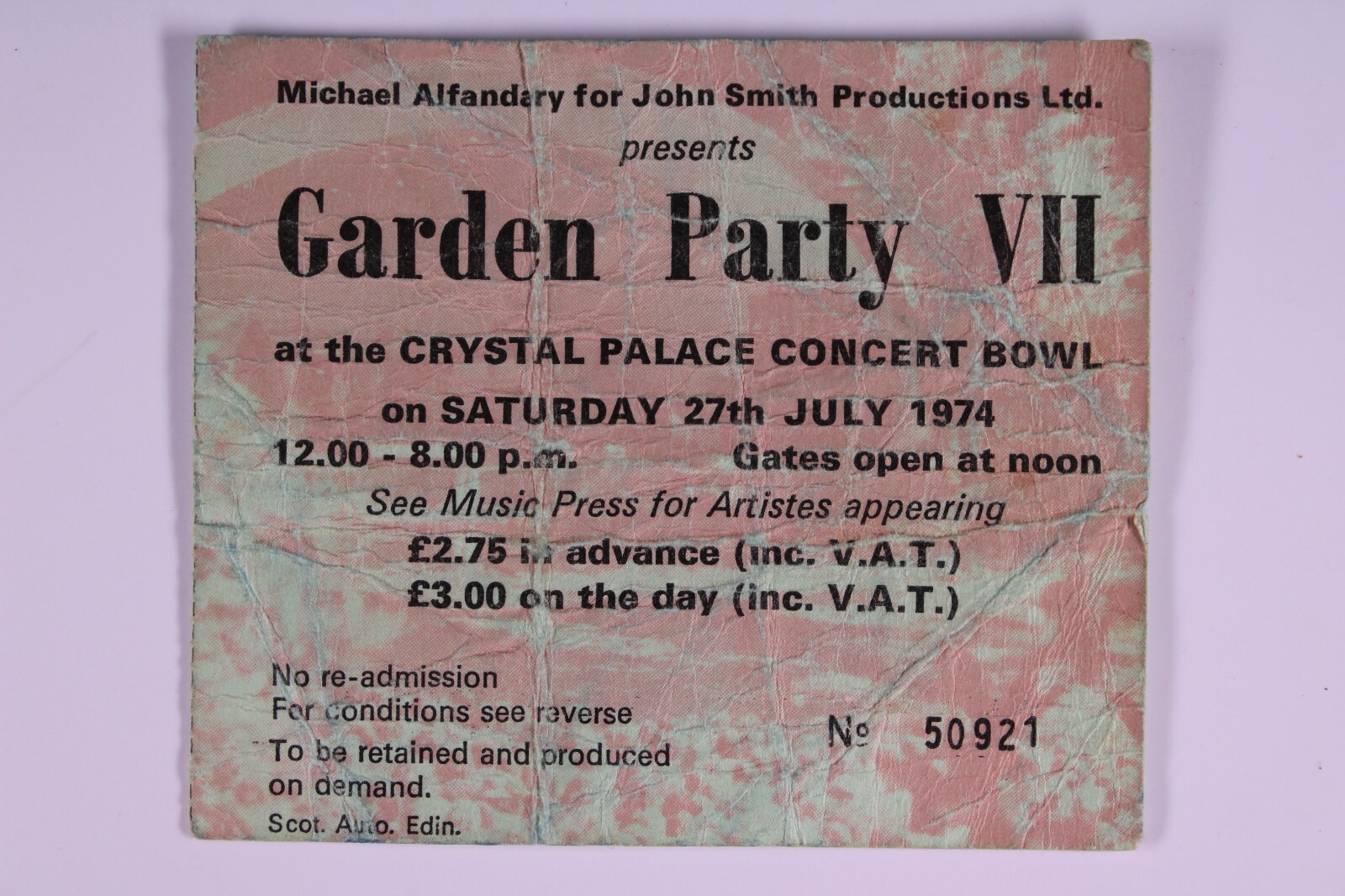 Yes Ticket Rick Wakeman Original Vintage Garden Party 8 Crystal Palace Bowl 1974