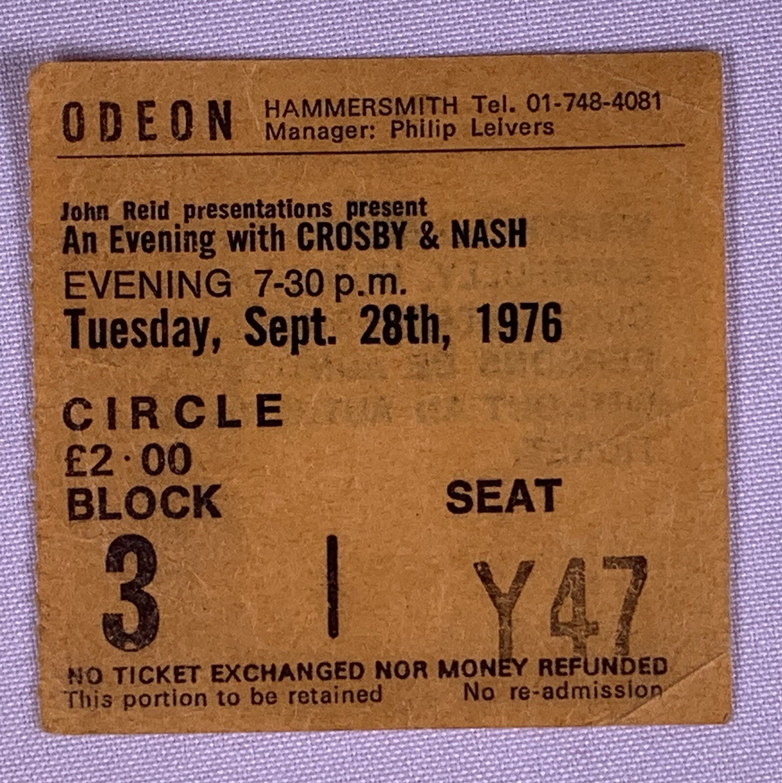 Crosby and Nash Ticket Original Vintage Hammersmith Odeon c. September 1976