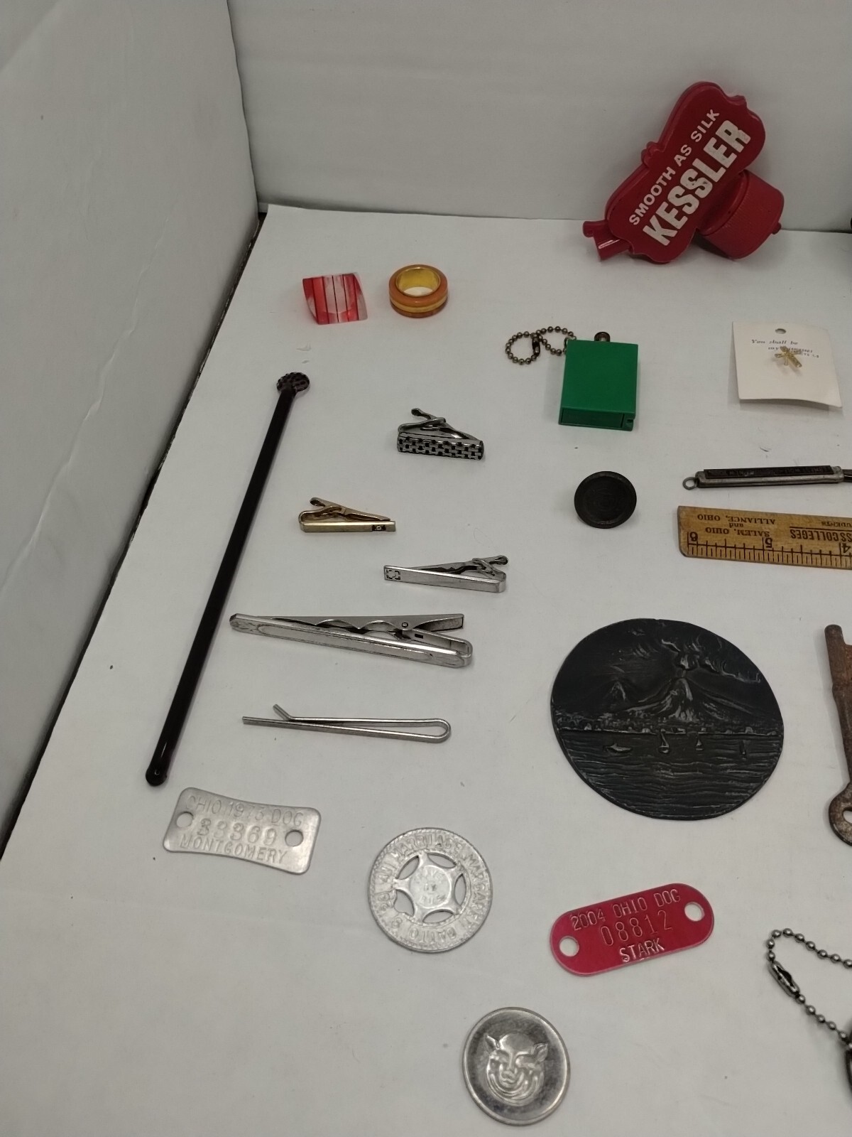 Vintage Junk Drawer Lot Advertising Rings Tokens Key Dog License Tie Clip #11