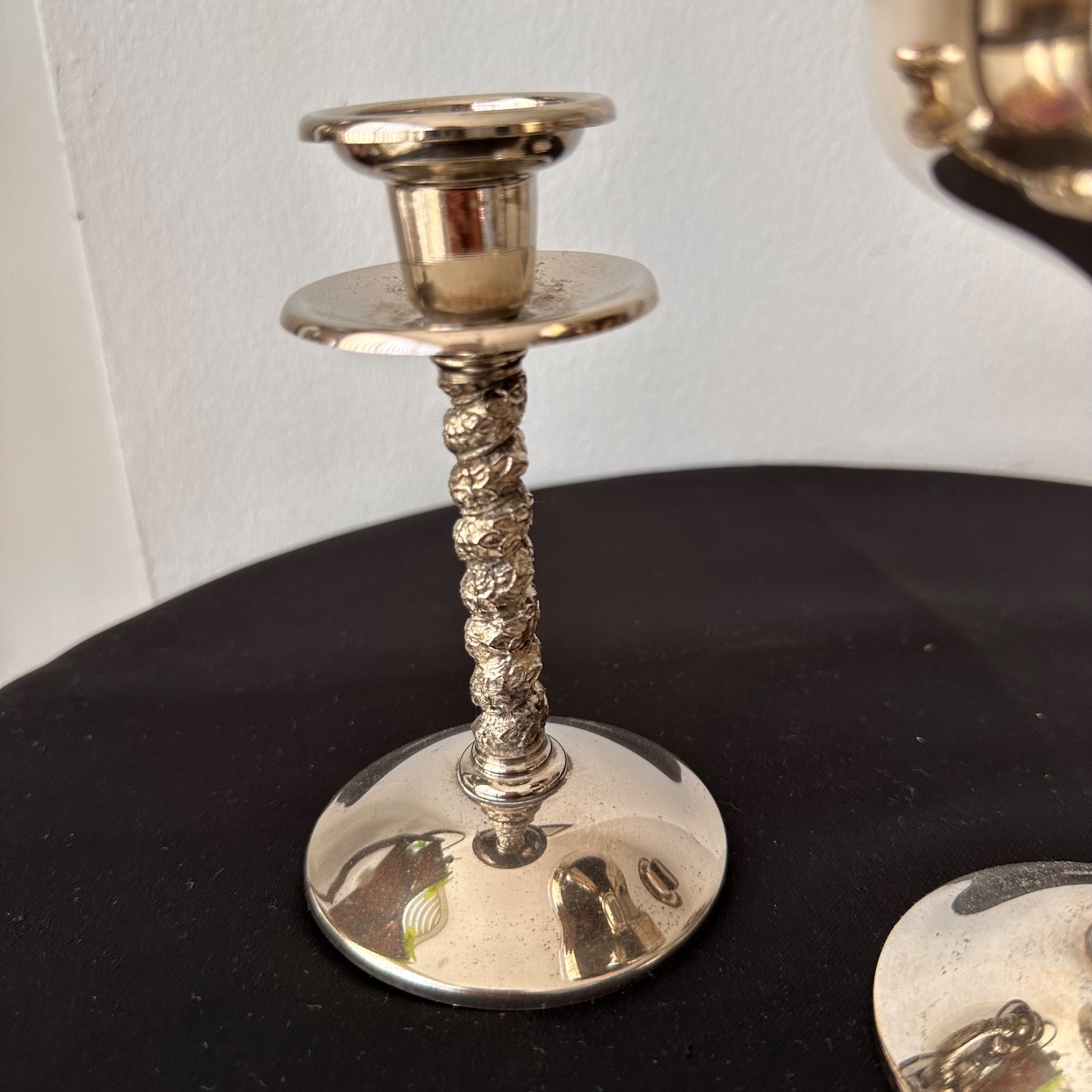 Vintage Silver Plate Spanish Champagne Saucer Glass Insert and 2 candleholders