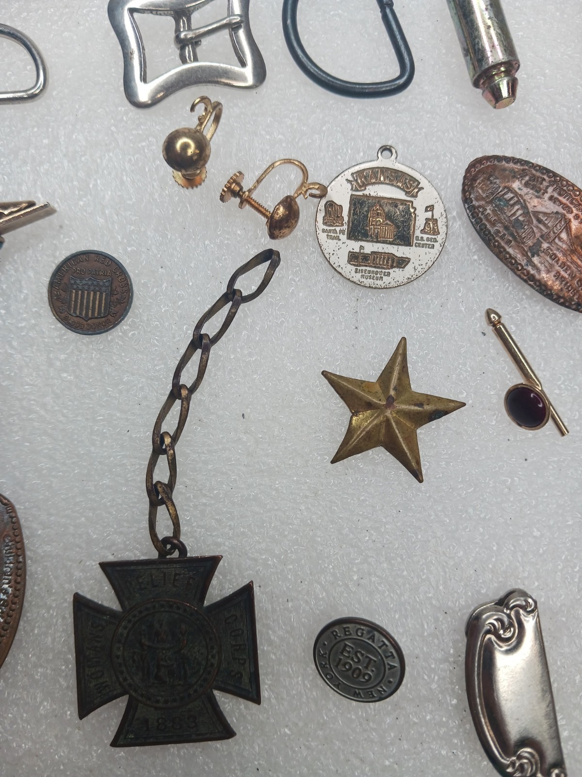 Vintage Junk Drawer Lot Military Medal Pins Tokens Tie Clips Coins Gem Jr…