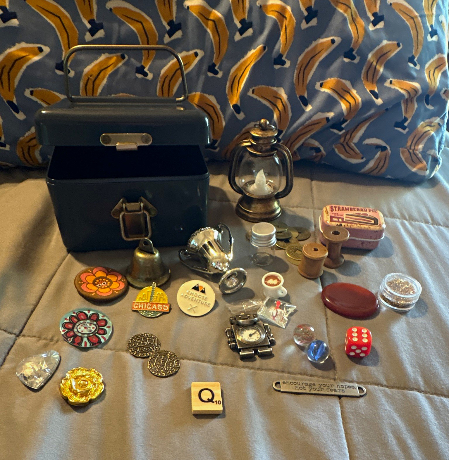 Mixed Small Collectibles Lot Blue Metal Box, Mini Lantern, Pins & Dice