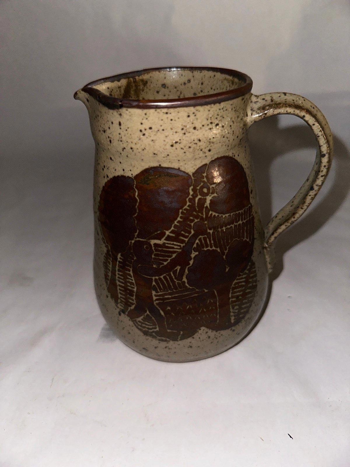 Vintage Stoneware Mini Pitcher Mug Creamer Sgraffito Bird Speckled Glaze Rustic