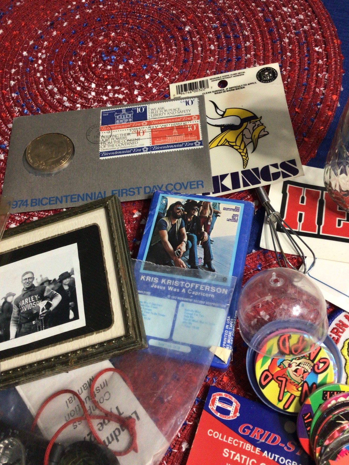 Junk Drawer, Rookie Griffey, Snowglobe, Calculator, Compass , Dice, Decals, book